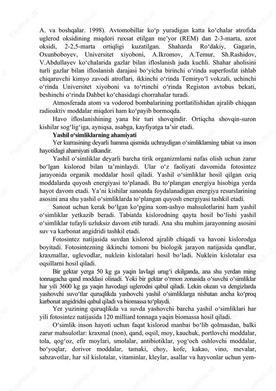 udga keltiruvchi omildir. atmosferaning ifloslanishi va uning salbiy oqibatlari kishilar va barcha tirik mavjudot havo bilan nafas oladi. kishi nafas organlari bir sutkada 20 m3 havo oʻtkazadi. demak, atmosfera planetamiz hayoti uchun gʻoyat zarurdir. biroq u borgan sari insonning xoʻjalik faoliyati bilan bogʻliq holda vujudga kelgan karbonat angidrid, oltingugurt oksidi, azot, uglevodorod, mayda qattiq zarrachalar va radiaktiv moddalar bilan ifloslanib bormoqda. bu ifloslanish quyosh radiasiya balansiga taʼsir etib, yer shari haroratining oʻzgarishiga olib kelmoqda. atmosferaning shunday ifloslanishi davom etaversa, 2100-yilga kelib karbonat angidridning miqdori 3-marta ortishi ham mumkin. olimlarning fikrlariga qaraganda, issiqxona gazlari miqdorining koʻpayishi oqibatida dunyo miqyosida havo harorati koʻtariladi va iqlim modellari boʻyicha keyingi yuz yil ichida harorat 1,0 dan 3,5 ºc gacha koʻtarilishi mumkin. yer shari haroratining oʻzgarishi esa, oʻz navbatida yer sharidagi organik hayotga salbiy taʼsir etadi. keyingi yillarda sanoatning rivojlanishi va har xil yoqilgʻi bilan ishlaydigan zavod, fabrika va mashinalarning koʻpayishi natijasida atmosferaga koʻplab zararli …