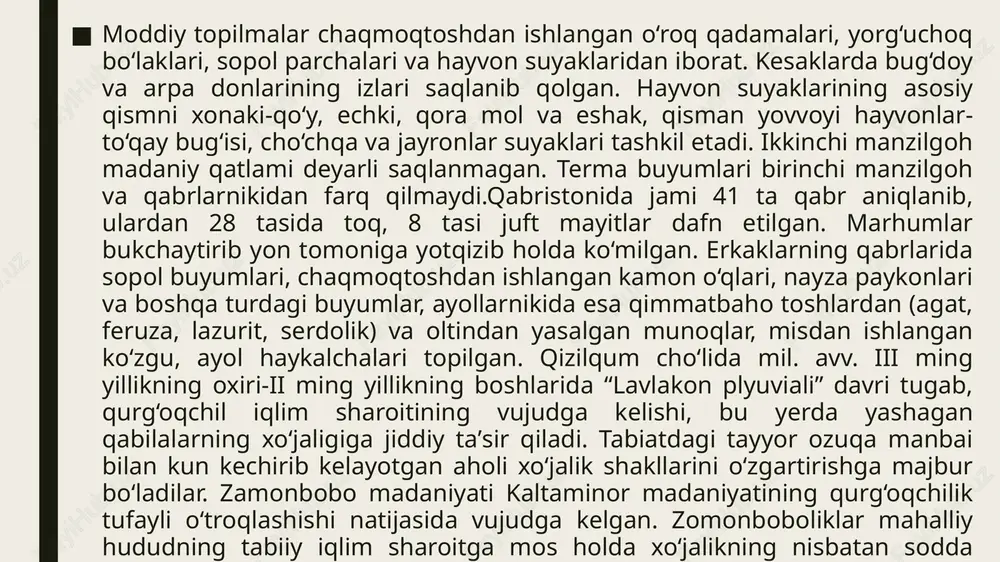 alar topilgan. ayollar dafn qilingan qabrda bronzadan yasalgan bilakuzuk uchraydi. tozabog‘yob madaniyati aholisi hayotida metallga ishlov berish hunarmandchiligi yaxshi rivojlangan. qavat 3 makonidan bronza quyish va qurollar yasash ustaxonasining izlari saqlangan. bu metall quyish uchun mo‘ljallangan qolip, metall bo‘laklari va qurollarning parchalari topib o‘rganilgan. toshdan nayzaning uchi, yorg‘uchoq va boshqa anjomlar yasalgan. qavat 3 yodgorligi yaqinida qadimgi dehqon jamoalari tomonidan foydalanilgan ekin maydonlarining o‘rni saqlanib qolgan. tozabog‘yob madaniyati egalari sunʼiy qurilgan yerto‘la uylarda istiqomat qilib, xo‘jalikning chorvachilik va dehqonchilik shakllarini yuritgan. bu madaniyat taraqqiyotining dastlabki bosqichda xo‘jalikda chorvachilikning mavqei yuqori bo‘lgan. bu yerda qoramol, qo‘y va ot boqilgan. keyinchalik aholining o‘troqlash jarayoni chuqurlashib borishi natijasida sug‘orma dehqonchilik xo‘jaligi ahamiyati o‘sadi. bug‘doy, arpa, tariq va poliz ekinlar dehqonchilikning asosini tashkil etgan. osnovnie arxeologicheskie kulturi ranney i razvitoy bronzi na territorii evrazii: 1 — pribaltiyskaya; 2 — tshenitskaya; 3 — komarovskaya; 4 — sosnitsa; 5 — katakombnaya; 6 — kizil-kobinskaya; 7 — …