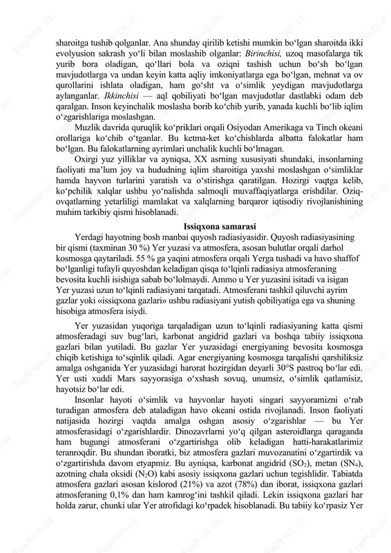 nisbatan % hisobida 1 sut emizuvchilar 227 93 320 6,2 2 qushlar 264 167 431 4,6 3 sudralib yuruvchilar 74 61 135 1,8 4 amfibiyalar 34 7 41 2,8 5 chuchuk suvdagi baliqlar 169 25 194 3,5 6 yuksak oʻsimliklar 25000 dan kam emas 10 dan kam emas aholi sonining ortishi, xoʻjalik faoliyatining kengayishi tufayli tabiatning inson qoʻli tegmagan joyi qolmayapti. hayvonlarning asosiy koʻpayish hududlari, migrasiya qiluvchi yoʻllari, dam olish joylari tuyoqli hayvonlarning oziqlanish maydonlari sunʼiy qoplamlarga aylangan, suvlar bosib, mol boqib yoki haydab yuborilgan. ayniqsa, nam tropiklarda koʻpchilik hayvon turlarining qirilib ketishi kuzatilmoqda. oʻsimlik va hayvon turlarini davlat muhofazasiga olish, qonunlar orqali ovchilikni toʻgʻri yoʻlga qoʻyish, shuningdek, qoʻriqxonalar, zakazniklar, milliy bogʻlar, botanika bogʻlari va «qizil kitob» lar oʻsimlik va hayvon turlarini asrashda katta rol oʻynaydi. iqlim va uni oʻzgarishining insoniyat rivojlanishiga taʼsiri iqlim tushunchasi taxminan 2200 yil oldin yunonistonlik olim gipparx tomonidan fanga kiritilgan boʻlib, u yunonchada quyosh nurlarining …