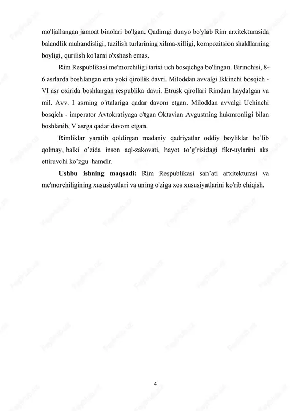 rni xayoliy talqin qiladigan tasviriy san'at rivojlandi. arxitektura o'zining qurilishida ham, muhandisligida ham, ansamblda ham misli ko'rilmagan yutuqlarga erishdi. rimliklar yangi edi va ular badiiy shakl va makonning o'zaro bog'liqligini tushunishdi. klassik parthenonning mohiyatiga ko'ra o'ta ixcham, konsentrik shakllar istisno qilmadi, aksincha, akropolni o'rab turgan ochiq joylarga bino ochiqligini bo’ldirdi. odatda ansambl doirasi bilan ajralib turadigan rim arxitekturasida yopiq shakllarga ustunlik berildi. arxitektorlar devorga yarmi ustun bilan qo'yilgan soxta periferlarni yaxshi ko'rishardi. agar qadimgi yunoniston maydonchalari afinadagi agora yoki boshqa ellinistik shaharlar kabi har doim kosmosga ochiq bo'lishgan bo'lsa, unda rimliklar yo avgust yoki nerva forumlari kabi baland devorlarni kiyishgan yoki pasttekisliklarda bo'lishgan. xuddi shu printsip haykaltaroshlikda ham namoyon bo'ldi. yunon sportchilarining plastik shakllari har doim ochiq tarzda taqdim etiladi. rasmlar, ibodat qilayotgan rim singari, xalatining boshini uning boshiga tashlab, asosan o'ralgan va jamlangan. haykaltaroshlik portretlarida rim ustalari insonning shaxsiy, individual xususiyatlariga e'tibor qaratgan.[footnoteref:2] [2: gavrilin k.n iskusstvo rannego rima …