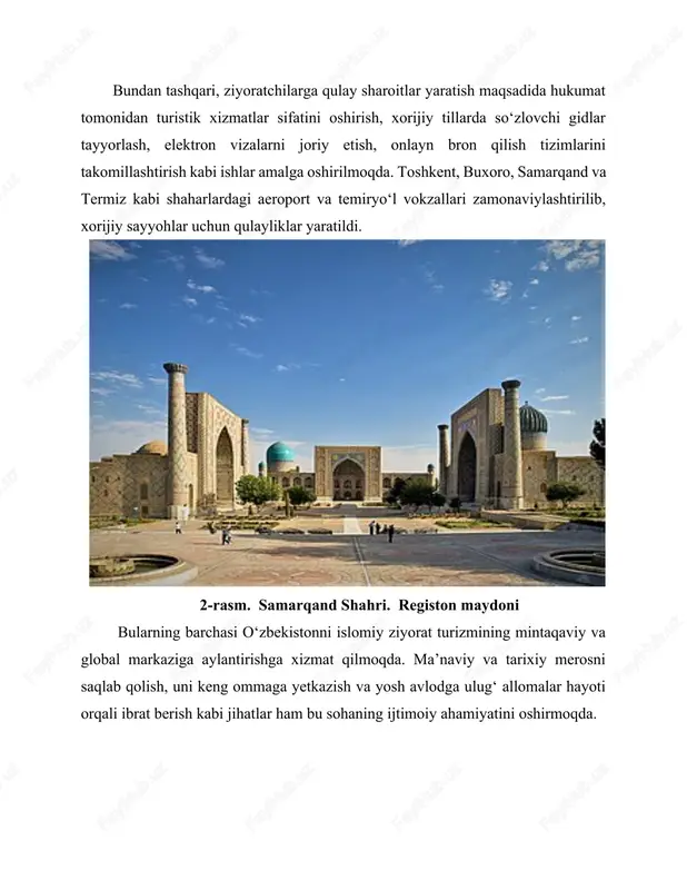 olar va ularning yechimlari bo‘yicha hali yetarlicha to‘liq ishlanmalar mavjud emas. shu bois, yangi izlanishlarda ziyorat turizmini boshqarish, ziyoratchilar uchun innovatsion xizmatlar yaratish va hududiy turizm strategiyalarini ishlab chiqishga ko‘proq e’tibor qaratish lozim. mummolar ziyorat turizmini rivojlantirish yo‘lida amalga oshirilayotgan ishlar ko‘lami keng bo‘lsa-da, hali ham yechimini kutayotgan bir qator muammolar mavjud. avvalo, ayrim ziyoratgohlarning infratuzilmasi talab darajasida emas — yo‘llarning sifatsizligi, sanitariya holatining yetarli emasligi va axborot belgilarining yetishmasligi ziyoratchilar uchun noqulaylik tug‘dirmoqda. bundan tashqari, malakali gidlar va tarjimonlarning yetishmasligi, ayniqsa xorijiy tillarda so‘zlasha oladigan mutaxassislar sonining kamligi muhim muammolardan biridir. mahalliy aholining xizmat ko‘rsatish madaniyati va turizm sohasidagi bilim darajasi ba’zan past bo‘lib, bu holat sayyohlar taassurotiga salbiy ta’sir qilmoqda. reklama va targ‘ibot ishlari yetarlicha yo‘lga qo‘yilmagan — ko‘plab xorijiy musulmonlar o‘zbekiston ziyorat maskanlari haqida to‘liq ma’lumotga ega emas. shu bilan birga, ayrim ziyoratgohlarning tarixiy va diniy ahamiyati bo‘yicha ilmiy-tarixiy asoslangan ma’lumotlar bilan boyitilishi zarur. yana bir muhim …