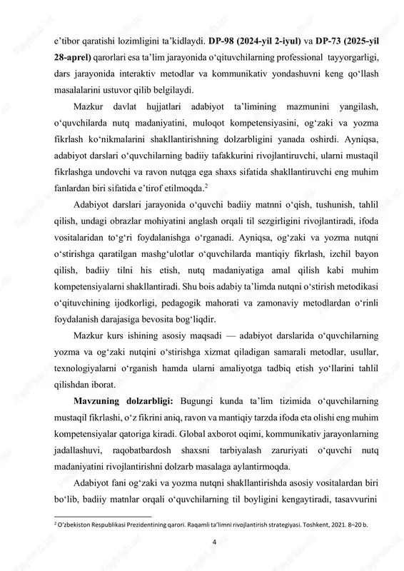 ogiyalarni qo‘llashni talab etmoqda. bunday metodlar o‘quvchilar nutqini tabiiy, ijodiy va tizimli ravishda rivojlantirishga xizmat qiladi. shu sababli “adabiyot darslarida o‘quvchilarning yozma va og‘zaki nutqini o‘stirish uslubi” mavzusining o‘rganilishi nazariy jihatdan ahamiyatli, amaliy jihatdan esa ta’lim jarayonini samarali tashkil etishda nihoyatda dolzarbdir. maqsad va vazifalar: adabiyot darslarida o‘quvchilarning og‘zaki va yozma nutqini rivojlantirishga xizmat qiluvchi samarali metodlar va texnologiyalarni aniqlash, tahlil qilish va ularni ta’lim jarayonida qo‘llash bo‘yicha ilmiy-metodik takliflar ishlab chiqish. kurs ishining vazifalari: nutqni rivojlantirishning nazariy-metodik asoslarini o‘rganish. adabiyot darslarida nutq o‘stirishning an’anaviy usullarini tahlil qilish. og‘zaki nutqni rivojlantirishga qaratilgan mashqlar, metodlar va texnikalarni o‘rganish. yozma nutqni shakllantirishning samarali bosqichlari va mashqlar tizimini yoritish. kurs ishi asosida amaliy xulosa va tavsiyalar ishlab chiqish. metodologiya: ushbu kurs ishining metodologik asosini o‘zbekiston respublikasining ta’lim sohasidagi normativ-huquqiy hujjatlari, xususan, “ta’lim to‘g‘risida”gi qonun, o‘zbekiston respublikasi davlat ta’lim standartlari, adabiyot o‘qitish metodikasi bo‘yicha ilmiy-pedagogik adabiyotlar, ilg‘or xorijiy va mahalliy metodik tajribalar tashkil etadi. …