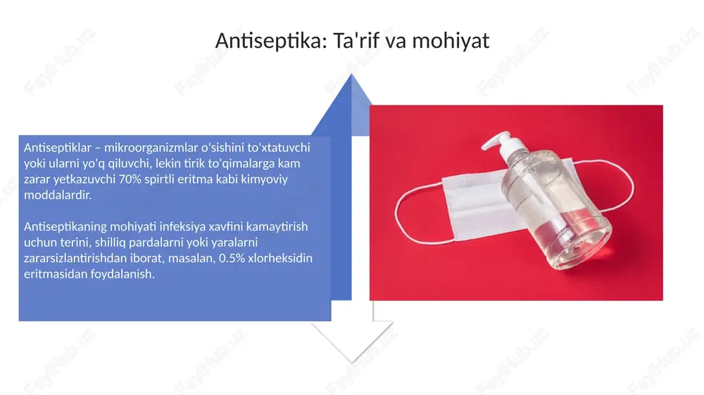 'rsatishi mumkin. aseptik texnikalarni baholash uchun yangi biosensorlar ishlab chiqilmoqda, ular operatsiya xonasida havodagi mikroorganizmlarni real vaqtda 99.9% aniqlikda aniqlaydi. misollar va amaliy qo'llanilishi jarrohlik amaliyotlarida antiseptik sifatida 70% li spirt teri yuzasini dezinfeksiya qilish uchun qo'llaniladi, bu esa operatsiya davomida infektsiya xavfini kamaytiradi. aseptika usullariga misol: steril tibbiy asboblardan foydalanish va 121°c da 15 daqiqa davomida avtoklavlash, bu barcha mikroorganizmlarni yo'q qiladi. xulosa xulosa shuni ko'rsatadiki, antiseptiklar mikroorganizmlarning o'sishini inhibe qiladi, lekin har doim ham ularni yo'q qilmaydi, foydalanish 0,1% dan 4% gacha konsentratsiyalarda maqbul natija beradi. aseptika - bu steril muhitni saqlash bo'yicha kompleks choralardir, 19-asrda jozef lister tomonidan jarrohlik amaliyotiga kiritilgan va infektsiyalanish darajasini 50% ga kamaytirishga yordam bergan. e'tiboringiz uchun rahmat image3.png image5.jpg image6.jpg image7.jpg image8.jpg image9.jpg image10.jpg image11.jpg image12.jpg image13.jpg image14.jpg image15.jpg image16.jpg image17.jpg image18.jpg image4.png image19.jpg image20.jpg image21.jpg image1.jpeg image2.jpeg