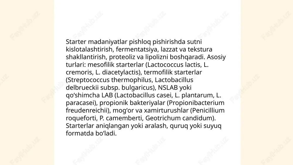 i belgilaydi. ... t.me/slaydai_bot termofil starter madaniyatlar 40–45°cda faol bo‘lib streptococcus thermophilus va lactobacillus delbrueckii subsp. bulgaricus kabi turlardan iborat. ular tez kislotalanishni, yogurt va issiq fermentlangan sut mahsulotlarining tekstura va viskozitasini ta’minlaydi. mezofil starter madaniyatlar 20–30°cda faol bo‘lib lactococcus lactis va leuconostoc mesenteroidesni o‘z ichiga oladi. ular pishloq va smetana hamda qaymoqda sekinroq kislotalanish, aroma, gaz va diacetyl hosil bo‘lishiga hamda pishloq pishishi va yetishtirish davrida proteoliz jarayoniga xizmat qiladi. ... t.me/slaydai_bot sut mahsulotlarida bakteriosinlar — laktik kislota bakteriyalari tomonidan sintezlanadigan oqsillarga oid antimikrobiy moddalardir (masalan, nisin (e234), pediocin, lacticin). ular listeria, staphylococcus, bacillus kabi patogenlar va buzilish mikroflorasini nazorat qilib, saqlash muddatini uzaytiradi va kimyoviy konservant ehtiyojini kamaytiradi. mexanizmlari: membrana porasi hosil qilish, hujayra devori sintezini bloklash. boshqa tabiiy antimikrobiylar: organik kislotalar (sut kislotasi, sirka kisl.), vodorod peroksid, diacetyl, reuterin. qo‘llanilishi: starter yoki himoya madaniyat sifatida, qoplama va fermentatsiya jarayonlarida. ... t.me/slaydai_bot psixrotrof va enterobakteriyalar sut mahsulotlaridagi buzilish …