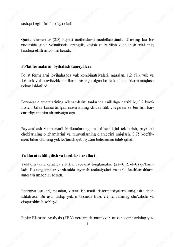 m a36 standarti bo'yicha sinovdan o'tkazilib, 250 mpa dan yuqori kuchlanishga bardosh berishi kerak. fermalar qismlari kesiladi, payvandlanadi va boltlar bilan mahkamlanadi, payvandlash jarayoni en iso 3834-2 standartiga muvofiq amalga oshiriladi va 100% sifat nazoratidan o'tkaziladi. o'rnatish va texnik xizmat ko'rsatish ornamental trusslarda muntazam tekshiruvlar juda muhim. har 6-12 oyda elementlarning korroziyasi, bo'shashgan birikmalar va shikastlanish belgilarini baholash kerak, chunki ular estetik qiyofa uchun muhim. texnik xizmat ko'rsatishda payvandlangan birikmalarning yaxlitligini tekshirish juda muhim. kamida 2 yilda bir marta ultratovush tekshiruvi (ut) yoki rentgenografiya orqali nuqsonlar bor-yo'qligini aniqlash talab etiladi. trusslarning himoya qoplamalarini saqlash kerak. har 3-5 yilda bir marta bo'yoq qoplamalarini yangilash, galvanizatsiyani tekshirish va muhrlash kerak, shunda ular korroziyadan himoya qiladi va uzoq umr ko'radi. po'lat fermalarning qo'llanilishi po'lat fermalar ko'prik qurilishida, masalan, 100 metrdan ortiq oraliqli temir yo'l ko'priklarida yuk ko'taruvchanlik va tejamkorlikni ta'minlash uchun keng qo'llaniladi. katta sanoat binolarida, misol uchun, 50 metrdan ziyod oraliqli metallurgiya …