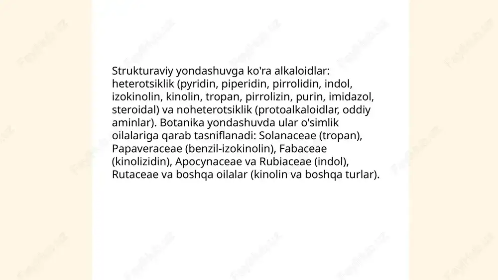 kengayishi yoki torayishi, terlash, og'iz suyuqligining ortishi. davolash: zaharni olib tashlash (kiyimni yechish, terini yuvish), faol uglerod, oshqozon yuvish (agar 1 soat ichida), simptomatik va qo‘llab‑quvvatlovchi davolash, kislorod va iv suyuqlik, benzodiazepinlar konvulsiyalar uchun, mavjud antidotlar (nalokson, fiziostigmin), ekg va kasalxonada kuzatuv. ... t.me/slaydai_bot yarim-sintetik va sintetik alkaloidlar ishlab chiqarishi: tabiiy prekursorlardan (morfin, tebain) ekstraksiya, so‘ng kimyoviy o‘zgartirishlar: metillash, asetillash, oksidlanish, reduktsiya, n-dealkilatsiya, tsikllanish. masalan, kodein morfindan metillash orqali, diasetilmorfin (geroin) morfindan asetillash orqali, oksikodon va buprenorfin tebain transformatsiyasidan olinadi. to‘liq sintez odatda 10–30 qadamni o‘z ichiga oladi, sanoat jarayonlari katalizatorlar (pd, pt), himoyalash/dehimoyalash va kontsentratsiyalash talab qiladi. opioid prekursorlar qat’iy nazorat ostida. ... t.me/slaydai_bot ergot va ergolin alkaloidlari claviceps purpurea qo'ziqorinidan o'simlik urug'lariga hosil bo'ladi. tarixiy jihatdan o'rta asrlarda "st. anthony olovi" deb atalgan ergotizm epidemiyalari odamlarda konvulsiyalar, gangrena va psixozlar keltirib chiqargan. ergotin tuzilmasidan kelib chiqqan ergotamin bosh og'rig'i (migren) va ergometrin tug'ruqdan keyingi qon ketishni nazorat qilishda …
