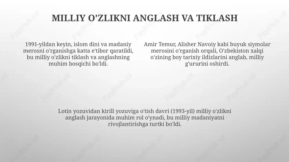 n va qarorlar qabul qilingan, bu nikoh va oilaviy munosabatlarni tartibga soladi. millatlararo totuvlik va bag'rikenglik oʻzbekistonda 130 dan ortiq millat va elat vakillari tinch-totuv yashaydi, ularning tili, madaniyati va urf-odatlarini saqlash uchun zarur sharoitlar yaratilgan. respublikada 16 ta diniy konfessiya erkin faoliyat yuritadi, bu esa millatlararo totuvlikning muhim omili boʻlib, har bir fuqaroning vijdon erkinligini taʼminlaydi. bagʻrikenglik tamoyillari asosida 138 ta milliy madaniy markazlar faoliyat olib boradi, ular turli millatlarning madaniy merosini targʻib qilishda muhim rol oʻynaydi. turizmning madaniy rivojga qo'shgan hissasi turizm hunarmandchilikni jonlantirdi: 1991-yildan buyon an'anaviy kashtachilik, kulolchilik kabi 20 dan ortiq hunar turlari qayta tiklanib, sayyohlar e'tiborini tortmoqda. o'zbekistonga tashrif buyuruvchi 7 milliondan ziyod sayyoh, mamlakatning tarixiy obidalari, madaniy merosi bilan tanishib, uning jahon miqyosida targ'ib etilishiga xizmat qilmoqda. turizm 100 dan ortiq millat vakillari istiqomat qiluvchi o'zbekistonning bag'rikengligini namoyon etib, madaniyatlararo muloqotni rivojlantirishga katta hissa qo'shmoqda. xalqaro madaniy aloqalarning kengayishi oʻzbekiston unesco bilan hamkorlikni kuchaytirdi, …