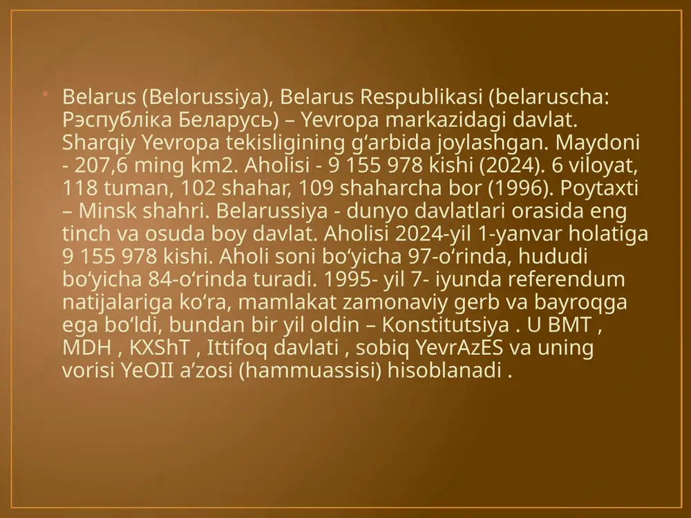 qaradi. kimyo va neft kimyosi sanoati maʼdanli oʻgʻitlar, kimyoviy tola va iplar, plastmassa va smolalar, shinalar, rezinatexnika buyumlark, polimer va lok boʻyoq, roʻzgʻor buyumlari va shahrik.larni ishlab chiqaradi[9]. xulosa bellarusiya – sharqiy yevropada joylashgan, o‘zining iqtisodiy va ijtimoiy siyosati bilan barqarorlikni saqlashga harakat qilayotgan davlatdir. davlat valyuta siyosati inflyatsiyani nazorat qilish va iqtisodiy barqarorlikni ta’minlashga qaratilgan. soliq tizimi markazlashgan bo‘lib, davlat byudjetini to‘ldirish va iqtisodiy rivojlanishga xizmat qiladi. ijtimoiy siyosat aholining hayot darajasini oshirish va ijtimoiy barqarorlikni ta’minlashga yo‘naltirilgan. proteksionizm siyosati esa mahalliy ishlab chiqaruvchilarni himoya qilish va ichki bozorni rivojlantirishga xizmat qiladi. e’tiboringiz uchun rahmat image1.png image2.png image3.png image4.jpeg image5.jpeg image6.jpeg image7.jpeg image8.png image9.png /docprops/thumbnail.jpeg