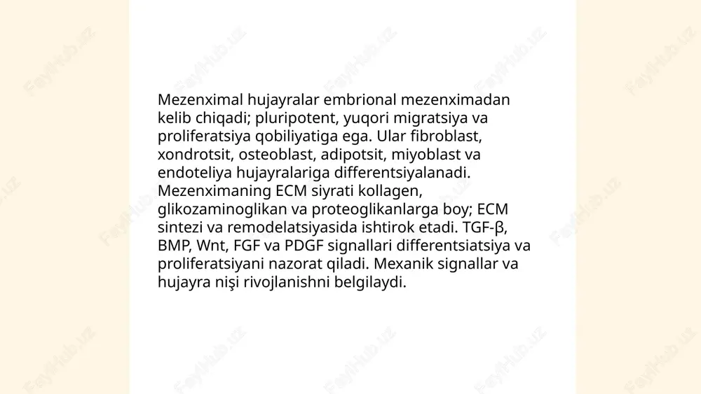 likanlar (gag) 6 turga bo‘linadi: hialuronan, kondroitin sulfat, dermatan sulfat, heparan sulfat, keratan sulfat va heparin. gaglar katta salbiy zaryadga ega, ko‘p suv tortib olish, shilimshiq konsistensiya, mexanik himoya va molekulalarni diffuziyasi uchun muhitni ta’minlaydi. proteoglikanlar gaglarni bog‘lab matritsani tashkil etadi. fibroblastlar va shunga o‘xshash hujayralar gag sintezini amalga oshiradi. ... t.me/slaydai_bot biriktiruvchi to’qimaning vaskulyatsiyasi: yupqa tolali bo’sh biriktiruvchi to’qimada kapillyarlar zich, mikroqon tomirlari hujaynalarga kislorod va oziq moddalar beradi. kartilaj va kornea avaskulyar; oziqlanish diffuziya orqali sodir bo’ladi. tendon va ligamentlar past vaskulyatsiyali; sinovial membrana ularni oziqlantiradi. perisitlar mikrokapillyarlarda qon oqimini tartibga soladi. yallig’lanish va embriogenezda kapillyar zichligi ortadi. limfatikasi: boshlang’ich kapillyarlar bo’sh to’qimada joylashgan, klapanli va silliq mushakli to’plovchi tomirlarga ulanadi. limfa interstitsial suyuqlik va immun hujayralarni tashiydi; torakal va o'ng limfa kanallariga quyuladi. vegf-c/d limfangiogenezni boshqaradi. ... t.me/slaydai_bot lax (loose) biriktiruvchi to'qima: tolalari kam va tarqalgan, kollagen va elastik tolalar aralash; hujayralar ko'p (fibroblast, makrofag, mast hujayra); …