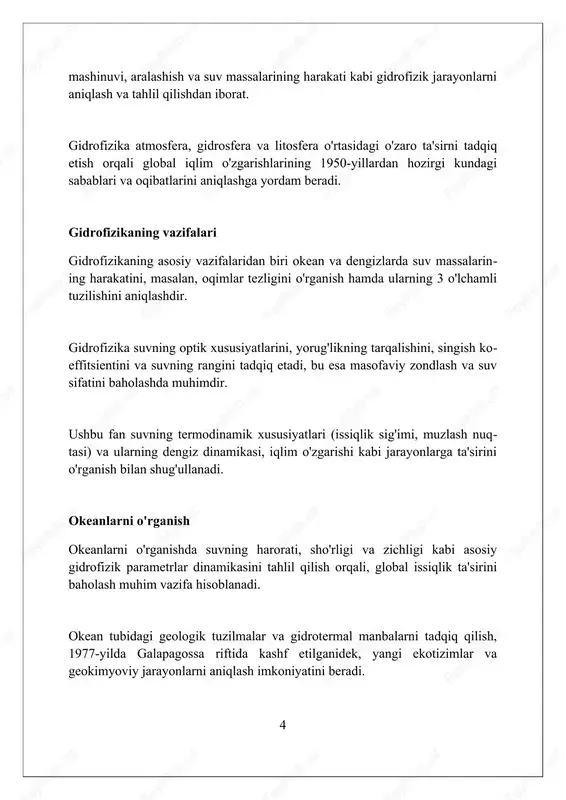 o'lchovlar, sun'iy yo'ldosh ma'lumotlari va gidroakustik uskunalar orqali tub relefini aniqlash. suv omborlarida suv sifati monitoringi muhim vazifa bo'lib, unda ph, harorat, erigan kislorod, biolokik talab, kimyoviy elementlar va ifloslantiruvchi moddalarning konsentratsiyasi aniqlanadi. gidrofizik tadqiqot usullari gidrofizik tadqiqotlar, masalan, suvning harorati o'zgarishini o'lchash uchun termometrlar va sensorlar ishlatadi, bu esa issiqlik almashinuvi jarayonlarini aniqlashga yordam beradi. akustik usullar, sonarlar yordamida suv osti ob'ektlarini aniqlash va suvning zichlik gradiyentini o'rganish imkoniyatini beradi, bunda tovush to'lqinlarining tarqalish tezligi hisobga olinadi. laboratoriya eksperimentlari, gidrofizik modellarni sinash uchun muhimdir; ularda suvning xususiyatlari nazorat ostida o'rganiladi va real sharoitlarni simulyatsiya qilish orqali ma'lumotlar to'planadi. gidrofizikaning amaliy ahamiyati gidrofizikaning amaliy ahamiyati okean va dengizlardagi suv resurslarini baholashda muhim, shu jumladan, biologik mahsuldorlikni 70% aniqlash va prognoz qilish imkoniyatini beradi. gidrofizika sohasidagi tadqiqotlar kemasozlik va gidrotexnika inshootlari uchun muhim ma'lumotlarni taqdim etadi, masalan, to'lqin bosimi va suv oqimi tezligi, bu xavfsizlikni oshiradi. gidrofizik ma'lumotlar suv havzalarining ifloslanish …