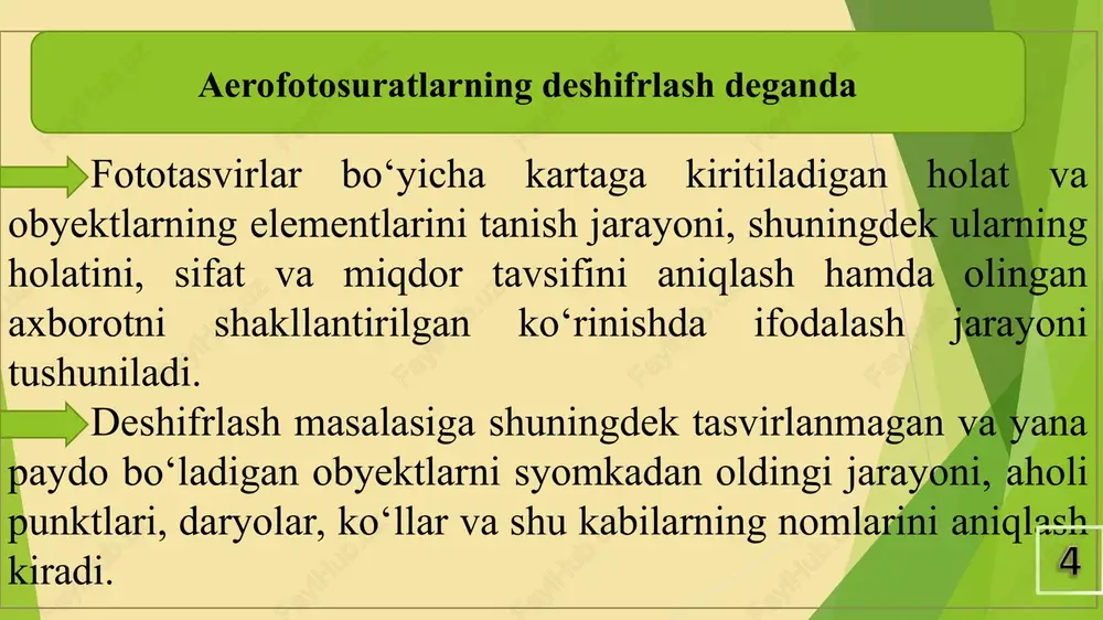 ining ixtisoslashgan bo‘limi bajaradi. aerofotosuratlar, deshifrlashga tayyorgarlik materiallari, texnik sharoitlar, shuningdek hududda oldingi suratga olingan vaqtdan beri sodir bo‘lgan o‘zgarishlar bo‘yicha ma’muriy tumandagi aerofotosuratlar deshifrlashni amalga oshirishga tahririy buyruq ishlab chiqiladi. kamerali shifr ochishga yordamchi materiallar yordamida yoki deshifrlash belgilari bo‘yicha ishonchli tarzda tanilgan joy konturlari va obektlarigagina to‘g‘ri keladi. tanish, ishonchliligi shubha uyg‘otadigan alohida konturlar va uchastkalar aerofotosuratda ajratilishi (fotosxema yoki fotoplan) va hududni dalada tekshirish marshrutiga kiritilishi kerak. aerofotosuratlarda chizma ishlarini bajarish oddiy qog‘ozdagi chizishdan farqli ravishda fotoqog‘ozning yuza qismi yaxshilab tayyorlashni talab qiladi. aerofotosuratda pero bilan ishlash texnikasi deyarli chizmachilik qog‘oziga chizishdan farq qilmaydi. tush fotoemulsion qatlamga yaxshi yotishi uchun ish boshlashdan oldin aerofotosuratni yumshoq rezina bilan artiladi. agar fotoqog‘oz yaltiroq bo‘lsa, unda ishlanadigan yuza qism yaltiroqligi yo‘qolishi uchun qattiq rezina (siyohniki) bilan bosmasdan artiladi. bundan tashqari fotoqog‘ozning yuza qismiga tush bilan chizilganda chiziqlar qog‘ozga chizilgan chiziqdan biroz katta chiqishini ham yodda tutish lozim. * dala sharoitida …