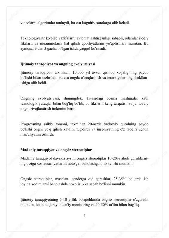 dagi bloklarni aniqlash va ularni bartaraf etishga harakat qilish kerak. taraqqiyotda ongli tanlovlar qilish taraqqiyotda ongli tanlovlar, ya'ni 'conscious choices' qilish, 70% resurslarni optimallashtirish, innovatsiyalarni qo'llab-quvvatlash va barqarorlikni ta'minlash demakdir. har bir ongli tanlov, masalan 'sustainable development goals'ni 100%ga amalga oshirish, jamiyatning uzoq muddatli farovonligiga 30% hissani qo'shadi. ongli tanlovlar 'ethical considerations' asosida 95% holatda amalga oshirilsa, ijtimoiy tengsizlikning kamayishiga va 50% resurs tejamkorligiga olib keladi. etik dilemma: taraqqiyot va ongsizlik o'rtasidagi muvozanat taraqqiyotga intilishda, 1-sinf xatolari, masalan, axloqiy qadriyatlarni e'tiborsiz qoldirish, ijtimoiy tengsizlikning 2 barobar oshishiga va ongning yo'qolishiga olib kelishi mumkin. texnologik taraqqiyot, 2023-yilda ko'rsatilishicha, sun'iy intellektning 10% rivojlanishi ekologik muammolarni keltirib chiqarishi va jamiyatdagi ongni susaytirishi mumkin. iqtisodiy o'sish, 5 yillik davr ichida 3% o'sishni ta'minlasa-da, atrof-muhitga zarar yetkazishi va axloqiy me'yorlarning buzilishiga sabab bo'lib, ongni cheklashi mumkin. kelajak istiqbollari: taraqqiyot va ongning integratsiyasi kelajakda taraqqiyot ong bilan integratsiyalashadi, 2050 yilga borib sun'iy intellekt insoniy tafakkur bilan …