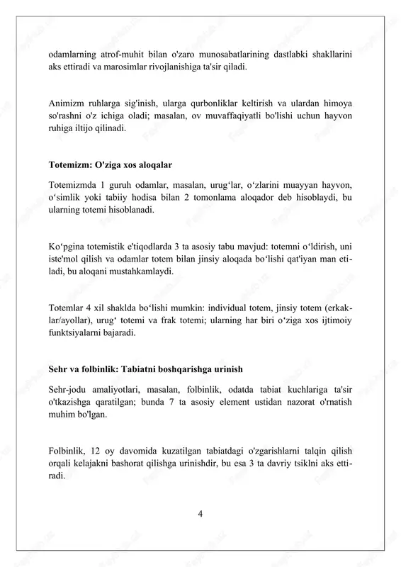 miyati diniy amaliyotlar ijtimoiy birdamlikni mustahkamlaydi, 70% hollarda jamoalarda o'zaro yordam va hamkorlikni kuchaytiradi. urushlar vaqtida diniy marosimlar umidni saqlashga yordam beradi, 85% o'rganilgan madaniyatlarda psixologik barqarorlikni ta'minlaydi. axloqiy me'yorlar 92% diniy amaliyotlar orqali shakllanadi; bu, jamiyatda adolat va tartib o'rnatishga xizmat qiladi. ilk dinlarning rivojlanish bosqichlari animizmning rivojlanish bosqichlarida, insonlar tabiatdagi jonsiz narsalarda ham ruh mavjudligiga ishonishgan, bu taxminan miloddan avvalgi 10,000-yillarda shakllangan. totemizmda, qabilalar o'zlarini muayyan hayvonlar yoki o'simliklar bilan bog'lashgan, ularni himoyachi deb bilishgan va ularga sig'inishgan, bu miloddan avvalgi 8,000-yillarda paydo bo'lgan. politeizm rivojlanib, turli xudolar tabiat hodisalari yoki insoniy xislatlarni ifodalagan, ularning har biri o'z vazifasi va sig'inish marosimlariga ega bo'lgan, taxminan miloddan avvalgi 4,000-yillarda rivojlangan. diniy e'tiqodning zamonaviy jamiyatga ta'siri diniy e'tiqodlar jamiyatda axloqiy me'yorlarni shakllantirishda muhim rol o'ynaydi, qonunlarga ta'sir ko'rsatadi va oilaviy qadriyatlarni saqlashga yordam beradi. 30% ko'proq xayriya qilish kuzatilgan. diniy e'tiqodlar san'at, me'morchilik va adabiyot kabi madaniy merosning shakllanishiga katta …