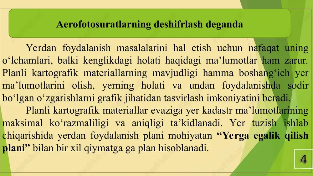 lariga natijalarini majburiy taqdim qilish zaruriyatidir. tayyorlash ishlarini aerofotosuratlarning shifrlarini ochishni bajaruvchi bevosita qidiruv­tekshiruv ekspeditsiyasi (partiyasi) yoki loyihaviy­qidiruv tashkilotining ixtisoslashgan bo‘limi bajaradi. aerofotosuratlar, deshifrlashga tayyorgarlik materiallari, texnik sharoitlar, shuningdek hududda oldingi suratga olingan vaqtdan beri sodir bo‘lgan o‘zgarishlar bo‘yicha ma’muriy tumandagi aerofotosuratlar deshifrlashni amalga oshirishga tahririy buyruq ishlab chiqiladi. kamerali shifr ochishga yordamchi materiallar yordamida yoki deshifrlash belgilari bo‘yicha ishonchli tarzda tanilgan joy konturlari va obektlarigagina to‘g‘ri keladi. tanish, ishonchliligi shubha uyg‘otadigan alohida konturlar va uchastkalar aerofotosuratda ajratilishi (fotosxema yoki fotoplan) va hududni dalada tekshirish marshrutiga kiritilishi kerak. aerofotosuratlarda chizma ishlarini bajarish oddiy qog‘ozdagi chizishdan farqli ravishda fotoqog‘ozning yuza qismi yaxshilab tayyorlashni talab qiladi. aerofotosuratda pero bilan ishlash texnikasi deyarli chizmachilik qog‘oziga chizishdan farq qilmaydi. tush fotoemulsion qatlamga yaxshi yotishi uchun ish boshlashdan oldin aerofotosuratni yumshoq rezina bilan artiladi. agar fotoqog‘oz yaltiroq bo‘lsa, unda ishlanadigan yuza qism yaltiroqligi yo‘qolishi uchun qattiq rezina (siyohniki) bilan bosmasdan artiladi. bundan tashqari fotoqog‘ozning yuza …