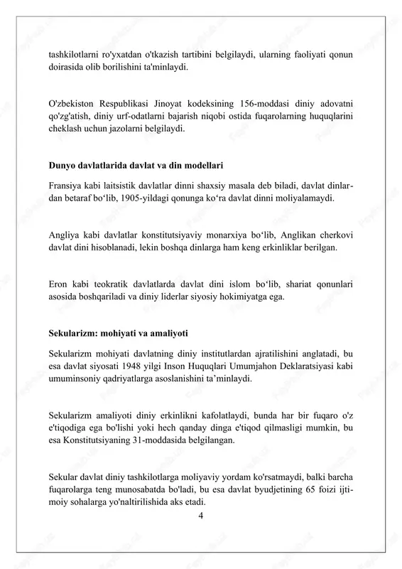 milliy an'analarda ham namoyon bo'ladi. islomiy ma'rifat markazlari, masalan, imom buxoriy xalqaro ilmiy-tadqiqot markazi, oʻzbekistonda islomiy ta'lim va tadqiqotlarni rivojlantirishda, islomiy merosni o'rganishda muhim rol o'ynaydi. o'zbekiston konstitutsiyasining 61-moddasida din davlatdan ajratilganligi belgilangan, shu bilan birga, davlat dinlararo totuvlikni ta'minlash va diniy tashkilotlarni qo'llab-quvvatlash bo'yicha siyosat olib boradi. diniy tashkilotlarning huquqlari va majburiyatlari diniy tashkilotlar mulkka egalik qilish huquqiga ega, lekin ularning mol-mulki qonuniy manbalardan kelib chiqishi va maqsadli ishlatilishi shart. bu 1998-yilgi qonun bilan tartibga solinadi. diniy tashkilotlar davlat organlari bilan o'zaro munosabatlarda teng huquqlidir, ammo siyosiy partiyalarning faoliyatida ishtirok etish yoki ularni moliyalashtirish taqiqlanadi. bu konstitutsiyaning 61-moddasida belgilangan. diniy tashkilotlar o'z a'zolarini diniy ta'lim olishga yo'naltirish huquqiga ega, ammo bu ta'lim davlat ta'lim standartlariga zid bo'lmasligi kerak. 2016-yilgi qonun bu talabni mustahkamlaydi. davlatning diniy ta'limga munosabati o'zbekiston konstitutsiyasining 57-moddasida davlat ta'lim tizimi dinlardan ajratilganligi belgilab qo'yilgan. bu dunyoviy ta'limni kafolatlaydi va diniy targ'ibotni taqiqlaydi. ta'lim to'g'risidagi qonunning 7-moddasiga …