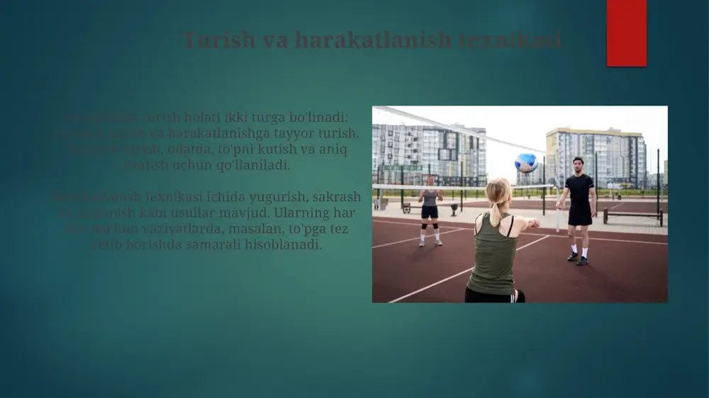 avomida muvaffaqiyatga erishish uchun muhim ahamiyatga ega, bunda 6 ta asosiy texnika muhim rol o'ynaydi. umumiy natijalarga ko'ra, hujum texnikasining 3 turi (zarba, aldov, blok) o'yinni yakunlashda eng ko'p ochko keltirsa, himoya texnikasi (qabul, himoya) esa barqarorlikni ta'minlaydi. e'tiboringiz uchun rahmat image6.png image7.jpg image8.jpg image9.jpg image10.jpg image11.jpg image12.jpg image13.jpg image14.jpg image15.jpg image16.jpg image17.jpg image18.jpg image19.jpg image20.jpg image21.jpg image22.jpg image1.png image2.png image3.png image4.png