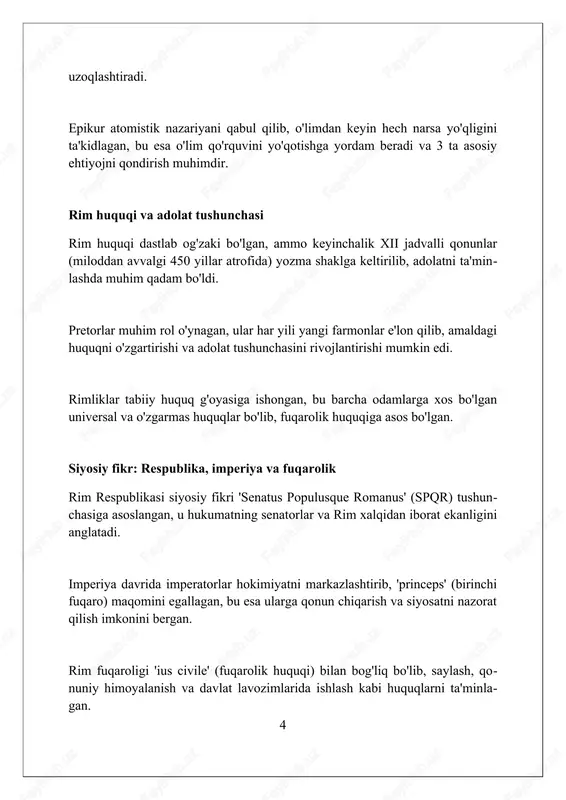 duklar qurilishida katta muvaffaqiyatga erishdilar, ularning ko'p qavatli, arkali tizimlari shaharlarga 1 million gallon suv etkazib berish imkonini berdi. rim sementi, vulkan kullari, ohak va suv aralashmasi, bugungi betondan ancha mustahkam bo'lib, 2000 yildan ortiq vaqt davomida binolarni saqlab qolgan. yo'llar qurilishi imperiyaning harbiy va savdo maqsadlari uchun muhim edi; 50000 mildan ortiq tosh yo'llar aloqani osonlashtirdi va rivojlanishga yordam berdi. qadimgi rim g'oyalarining keyingi davrlarga ta'siri rim huquqi, ayniqsa, justinian kodeksi, yevropa qonunchiligiga asos bo'lib, mulk, shartnoma va protsessual normalarga sezilarli ta'sir ko'rsatdi va hozirgacha o'rganiladi. rimning respublika boshqaruvi g'oyasi, ayniqsa, senatning roli, 18-asrda amerika qo'shma shtatlari asoschilariga ta'sir ko'rsatib, vakillik hukumatining shakllanishiga hissa qo'shdi. rim arxitekturasi, masalan, kolizey va pantheon, yevropa uyg'onish davridagi binolarga katta ta'sir ko'rsatdi, gumbazlar, ustunlar va betonlardan foydalanish esa ko'plab inshootlarda aks etdi. tanqid va qarshi g'oyalar rimda tanqid ko'pincha senatning hokimiyatini cheklashga qaratilgan edi, miloddan avvalgi 133-121 yillarda gracchilar islohotlariga qarshi chiqqan konservativ …