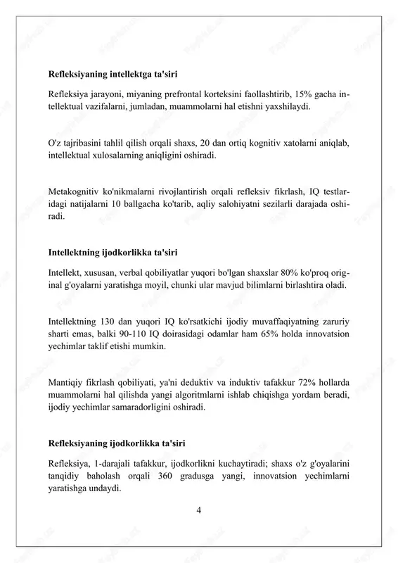 kamolotda katta ahamiyatga ega, chunki u 7-8-9 innovatsion yondashuvlarni rivojlantirish, o'ziga xoslikni ifodalash va yangi imkoniyatlarni kashf qilish imkonini beradi. ta'limda refleksiya, intellekt va ijodkorlik ta'limda refleksiya talabalarning o'z o'rganish jarayonini tanqidiy baholashiga yordam beradi, bu esa 85% gacha yaxshiroq tushunishga olib keladi. intellektual rivojlanish, jumladan, mantiqiy fikrlash qobiliyati 25% ga oshadi, ijodkorlikni qo'llab-quvvatlash orqali ta'lim sifatini oshiradi. ijodkorlik darslari 30% gacha innovatsion yechimlarni topish qobiliyatini rivojlantiradi hamda 10 dan ortiq yangi g'oyalarni generatsiya qilishga yordam beradi. biznesda refleksiya, intellekt va ijodkorlik biznesda refleksiya 360 daraja baholashni o'z ichiga oladi, bu xodimlarning faoliyatini turli nuqtai nazarlardan, shu jumladan hamkasblar, rahbarlar va mijozlardan baholash orqali yaxshilaydi. intellektual kapitalni oshirish uchun biznesda kognitiv moslashuvchanlik muhim, bu yangi vaziyatlarga tez moslashish va innovatsion yechimlarni 85% ko'proq topishga yordam beradi. ijodkorlikni rivojlantirishda dizayn fikrlash usuli qo'llaniladi, bu esa muammolarni aniqlash, prototiplarni yaratish va ularni sinovdan o'tkazish orqali innovatsion mahsulotlar yaratishga imkon beradi. amaliy misollar …