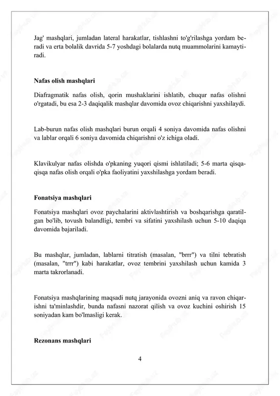 gan xatolarni tuzatishga yordam beradi. ifodalash mashqlari ifodalash mashqlari 5 ta asosiy komponentni o'z ichiga oladi: artikulyatsiya, nafas olish, rezonans, ovoz balandligi va tezligi, ular nutqning ravonligi va tushunarliligini yaxshilashga qaratilgan. nutq terapiyasida ifodalash mashqlari 3 yoshdan katta bolalarda nutq buzilishlarini, masalan, disartriya va apraksiyani davolashda muhim rol o'ynaydi, har bir mashq alohida ehtiyojlarga moslashtiriladi. ifodalash mashqlariga lablar, til va jag'ning harakatini koordinatsiya qilishga qaratilgan 10 dan ortiq turli xil mashqlar kiradi, bu esa aniq so'zlarni shakllantirish va talaffuz qilish qobiliyatini oshiradi. ijtimoiy aloqa mashqlari ijtimoiy aloqa mashqlari 2-3 ishtirokchidan iborat bo'lib, suhbat boshlash, navbat bilan gapirish va mavzudan chetga chiqmaslik kabi ko'nikmalarni o'rgatadi. rol o'yinlari ijtimoiy aloqa mashqlarining muhim qismidir, unda bemor turli xil ssenariylarni, masalan, do'konda xarid qilishni yoki yangi do'st orttirishni mashq qiladi. ijtimoiy hikoyalar vizual qo'llab-quvvatlashdan foydalanib, bemorga ijtimoiy vaziyatni tushunishga yordam beradi, masalan, 5 daqiqa davomida jamoat joyida o'zini qanday tutish kerak. o'yin terapiyasi mashqlari …