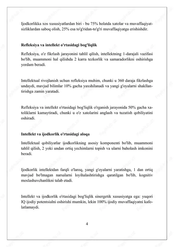 alga oshirish uchun zarur kognitiv qobiliyatlarni o'z ichiga oladi. innovatsiyalarda intellektual salohiyatning asosi 75% analitik fikrlash, 15% ijodiy qobiliyat va 10% tanqidiy baholashga bog'liq bo'lib, ular samarali yechim topishga yordam beradi. intellektual salohiyat innovatsiyalarda 80% strategik rejalashtirish, 10% risklarni baholash va 10% moslashuvchanlikni talab etadi, bu esa tez o'zgaruvchan sharoitlarda muhim ahamiyatga ega. ijodiy yechimlarni topishda refleksiyaning ta'siri refleksiya, o'z tajribangizni baholash orqali, noaniqliklarni aniqlab, ijodiy yechimlarni topish uchun 80% samaraliroq strategiyalarni ishlab chiqishga yordam beradi. muammoga yangicha nigoh bilan qarash uchun, refleksiyada '5 nima uchun' texnikasi qo'llaniladi. bu esa, ijodiy yechimning 95% muvaffaqiyatga erishishini ta'minlaydi. refleksiya, o'zingizning xatolaringizni tahlil qilish va ulardan saboq olish orqali, ijodiy yechimlarni topishda 75% ga yaqin yangi imkoniyatlar yaratadi. muvaffaqiyatli insonlarning tajribasi muvaffaqiyatli insonlar 80/20 qoidasiga amal qiladi: 20% harakat 80% natijani beradi. demak, eng muhim vazifalarga e'tibor qaratish lozim. doimiy o'rganish – muvaffaqiyat kaliti. masalan, har kuni 30 daqiqa yangi sohani o'rganish yoki …