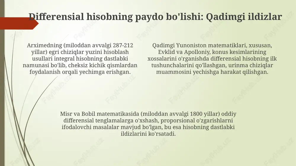 tenglamalarni yechishdagi ahamiyati katta, xususan, chiziqli differensial tenglamalarning yechimlarini furye qatorlari orqali ifodalash 1822-yildan boshlab rivojlangan. furye analizining differensial tenglamalarga qo'llanilishi signalni qayta ishlash va tasvirni tahlil qilishda keng tarqalgan, bu usul 20-asrda ilmiy sohalarda katta qiziqish uyg'otdi. issiqlik o'tkazuvchanligi tenglamasi kabi xususiy hosilali differensial tenglamalar uchun furye usuli muhim, bunda yechimlar ko'pincha sinusoidal funksiyalarning yig'indisi sifatida 19-asrda topilgan. 19-asr: koshi, riman va puankarening ta'siri puankarening sifat nazariyasi differensial tenglamalar yechimlarining xatti-harakatini geometrik usullar yordamida o'rganishga asos soldi va barqarorlik masalalarini hal qilishga yordam berdi. koshining qat'iy limiti ta'rifi va uzluksizlik tushunchasi 19-asrda differensial tenglamalar yechimlarining mavjudligi va yagonaligini isbotlash uchun fundamental asos yaratdi. riman integrali tushunchasi funktsiyalarni integrallashning umumiyroq usulini taqdim etdi, bu esa differensial tenglamalar yechimlarining xossalarini o'rganishda muhim rol o'ynadi. differensial tenglamalarning mavjudlik va yechim nazariyasi koshi teoremasi differensial tenglamaning boshlang'ich shartlar bilan yagona yechimga ega bo'lishini ta'minlaydi, agar funksiya va uning hosilasi yetarli darajada silliq bo'lsa. …