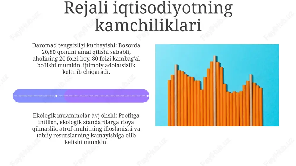 uammolari davlat korxonalarini xususiylashtirishda samarali boshqaruv tizimlarining yo'qligi va korruptsiya, resurslarning noto'g'ri taqsimlanishiga olib keldi. bu 50% dan ortiq resurslarga ta'sir ko'rsatdi. narxlarni liberallashtirish davrida inflyatsiya ko'tarilishi, ayniqsa 1990-yillarda, aholining real daromadlarini pasaytirdi va ijtimoiy tengsizlikni kuchaytirdi. muammoni hal qilish strategiyalari muammoni aniq ta'riflash, maqsadni belgilash, mavjud resurslarni baholash va 80/20 qoidasiga amal qilish, eng muhim 20% sabablarga e'tibor qaratish strategiyasi mavjud. muammoni hal qilishda guruh bilan ishlash, 'miya hujumi' usulidan foydalanish, turli xil nuqtai nazarlarni qabul qilish va swot tahlili orqali kuchli va zaif tomonlarni aniqlash muhimdir. xulosa va istiqbollar xususiylashtirish natijasida 75% dan ortiq korxonalar xususiy sektorga o'tdi, bu esa raqobatni oshirdi va innovatsiyalarni rag'batlantirdi, lekin davlat nazoratini zaiflashtirdi. iqtisodiyotni liberallashtirish 2023 yilda eksport hajmini 15% ga oshirishga yordam berdi, lekin importga qaramlik va valyuta kursining o'zgaruvchanligi muammolarini keltirib chiqardi. e'tiboringiz uchun rahmat image4.png image5.jpg image6.jpg image7.jpg image8.jpg image9.jpg image10.jpg image11.jpg image12.jpg image13.jpg image14.jpg image15.jpg image16.jpg image17.jpg image18.jpg …