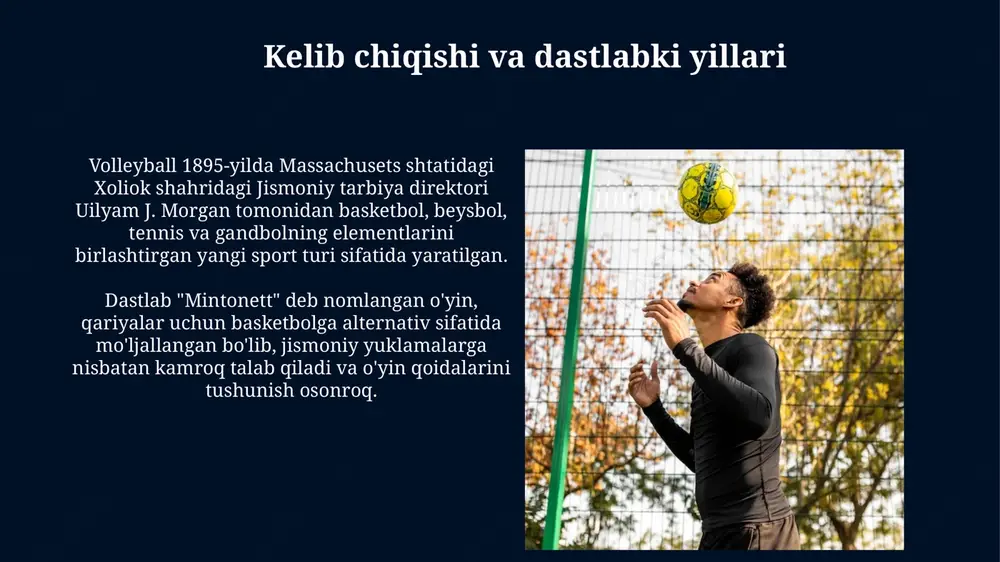 iqli o'yinchisi, 2000-yillarda markaziy blokirovka pozitsiyasida yuqori natijalarga erishgan va ko'plab muxlislar e'tiborini qozongan. neftchi farg'ona ayollar voleybol klubi 1990-yillarda o'zbekiston chempionatlarida dominantlik qilgan, ko'plab chempionliklarni qo'lga kiritgan va o'zining kuchli hujumi bilan mashhur bo'lgan. kelajak istiqbollari volleybolning kelajagi 2032 yilgi olimpiada o'yinlarida yangi texnologiyalar, jumladan, o'yin tahlili va vr ta'limi yordamida rivojlanishi kutilmoqda. volleybol sporti 2028 yilga kelib, o'yinni yanada qiziqarli qilish uchun qoidalar o'zgarishi, masalan, ochko olish tizimi va server rotatsiyasi bo'lishi mumkin. xulosa volleybolning dastlabki 50 yillik davrida, o'yin asosan dam olish va ijtimoiy faoliyat sifatida rivojlandi, 1947 yilda esa fivb tashkil etilib, global standartlar o'rnatildi. 1964-yilda tokio olimpiadasida volleybolning debyuti o'yinning ommaviyligini oshirdi, televizion translyatsiyalar esa millionlab muxlislarni jalb qildi va yangi davr boshlandi. e'tiboringiz uchun rahmat image5.png image6.jpg image7.jpg image8.jpg image9.jpg image10.jpg image11.jpg image12.jpg image13.jpg image14.jpg image15.jpg image16.jpg image17.jpg image18.jpg image19.jpg image20.jpg image21.jpg image22.jpg image4.jpeg