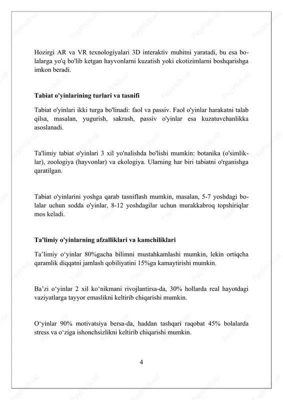 dan foydalanishda xavfsizlik masalalari o'yin texnologiyalarida bolalarning shaxsiy ma'lumotlarini himoya qilish muhim. 13 yoshgacha bo'lgan foydalanuvchilar uchun coppa qoidalariga rioya qilish shart. ekran vaqtini cheklash va 20-20-20 qoidasiga amal qilish (har 20 daqiqada 20 soniya davomida 20 fut uzoqlikka qarash) ko'rish qobiliyatini saqlash uchun zarur. o'yinlarda zo'ravonlik elementlarining ta'sirini minimallashtirish uchun, ota-on- 7 alar pegi reytingi kabi 3+ yoki 7+ bo'lgan o'yinlarni tanlashi lozim. kengaytirilgan reallik o'yinlari kengaytirilgan reallik o'yinlari (ar) 2000-yillarda smartfonlar va gps texnologiyasi rivojlanishi bilan ommalashdi, real dunyoni virtual elementlar bi- lan birlashtirib, 3d tasvirlar yaratadi. ar o'yinlari foydalanuvchilarga interaktiv o'yin tajribasini taqdim etadi, bu erda ular raqamli ob'ektlar bilan o'zaro ta'sir o'tkazish uchun mobil qurilmalar orqali real muhitni skanerlashadi va 4d tajriba orttiradi. ilk ar o'yinlari, masalan, 'arquake' 2000-yilda paydo bo'lgan bo'lsa ham, 'pokémon go' 2016-yilda global miqyosda 500 milliondan ortiq yuklab olingan holda ar o'yinlarining mashhurligini oshirdi. kelajak tendentsiyalari kelajakda ar va vr texnologiyalari orqali …