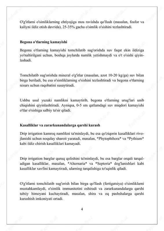 shi o'simliklarning sog'lom o'sishi uchun tuproqning ph darajasi 6,0 dan 7,5 gacha bo'lishi kerak, bu ozuqa moddalarining optimal singishini ta'minlaydi. fotosintez jarayoni orqali o'simliklar suv, karbonat angidrid va yorug'likdan foydalanib, uglevodlar (masalan, glyukoza) va kislorod ishlab chiqaradi. 7 azot, fosfor va kaliy (npk) o'simliklarning o'sishi uchun eng muhim uchta makroelement hisoblanadi, ular mos ravishda barglar, ildizlar va mevalarning rivojlanishiga yordam beradi. turli xil ekinlar uchun moslashuvchanlik tomchilatib sug'orish turli xildagi ekinlar uchun moslashuvchan bo'lib, qator oralig'i va shakllarida farq qiluvchi sabzavot ekinlari (pomidor, bodring) uchun ideal echim hisoblanadi. bog'dorchilikda tomchilatib sug'orish daraxtlarning ildiz zonasiga suv va o'g'it- larni aniq yetkazib berish imkonini beradi, bu esa hosildorlikni 15-20 foizga os- hirishga yordam beradi. paxta kabi keng qatorli ekinlarda tomchilatib sug'orish suvning isrofgarchiligini kamaytiradi va har bir gektar uchun suv sarfini 30-40 foizga qisqartirish imkonini beradi. kamchiliklari va ularni bartaraf etish yo'llari drip irrigation tizimidagi asosiy kamchiliklardan biri - bu tiqilib qolish …