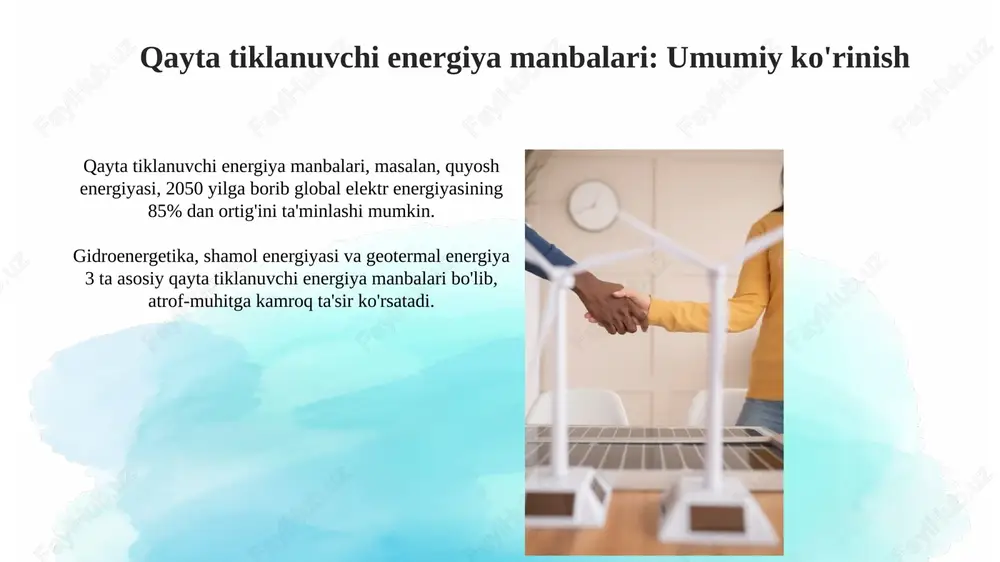 uylar uchun issiqlik bilan ta'minlash uchun ishlatiladi. qayta tiklanuvchi energiya kelajagi 2050 yilga kelib qayta tiklanuvchi energiya global energiya ta'minotining 85% ini qoplaydi, bu esa issiqxona gazlari emissiyasini kamaytiradi va iqlim o'zgarishiga qarshi kurashadi. qayta tiklanuvchi energiya texnologiyalari rivojlanishi bilan quyosh panellari narxi 70% ga kamaydi, bu ularni ko'proq odamlar uchun hamyonbop va qulay qildi. muvaffaqiyatli loyihalar va misollar germaniyaning “energiewende” dasturi 2000-yildan beri qayta tiklanuvchi energiya manbalariga investitsiyalarni oshirib, 2023-yilda elektr energiyasining 50% dan ortig'ini ta'minladi. dubaidagi muhammad bin rashid al maktum solar parki 5000 mvt quvvatga ega bo'lib, 13 milliard dollarlik investitsiya bilan dunyodagi eng yirik quyosh parklaridan biri hisoblanadi. xulosa xulosa qilib aytganda, qayta tiklanuvchi energiya manbalari 2050 yilga borib global issiqxonaning chiqindilarini kamaytirishga va iqlim o'zgarishiga qarshi kurashishga yordam beradi. umuman olganda, quyosh, shamol va gidroenergetika kabi manbalar an'anaviy yoqilg'ilarga nisbatan barqaror, kamroq ifloslantiruvchi va uzoq muddatda iqtisodiy jihatdan foydalidir. e'tiboringiz uchun rahmat image2.png image3.jpg image4.jpg …