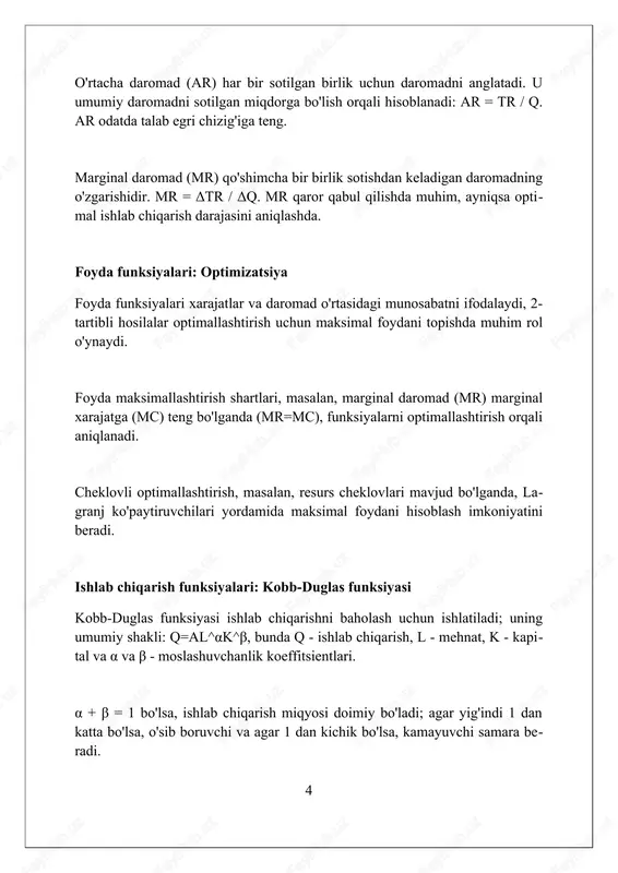 if miqdoriga teng, masalan q*=50 birlikda p*=10 so'm bo'lishi mumkin. funksiyalar orqali iste'molchi va ishlab chiqaruvchi farovonligini o'lchash mumkin; masalan, ortiqcha iste'molchilar maydoni (1/2) * (100-10) * 50 = 2250 so'mni tashkil etishi mumkin. elastiklik tushunchasi funksiyalar yordamida ifodalanadi. narxning 1% o'zgar- ishi talabning 0.5% ga o'zgarishiga olib kelishi mumkin. talabning narx bo'yicha elastikligi koeffitsienti -0.5 ga teng bo'ladi. solik ta'sirini tahlil qilish soliq ta'sirini tahlil qilish, soliq stavkalarining 10% ga o'zgarishi natijasida talab va taklifning elastikligini hisobga olgan holda bozor muvozanatiga ta'sirini o'rganadi. 7 soliq yukini taqsimlash, ishlab chiqaruvchilar va iste'molchilar orasida soliqn- ing 25% dan qanchasi kimning zimmasiga tushishini baholash uchun talab va taklif egri chiziqlaridan foydalanadi. laffer egri chizig'i tahlili soliq stavkalari 30% dan yuqori bo'lganda, soliq tushumlarining maksimal darajaga yetishini va keyin pasayishini model- lashtirishda qo'llaniladi. o'yinlar nazariyasi va reaksiya funksiyalari o'yinlar nazariyasida reaksiya funksiyalari bir o'yinchining optimal strate- giyasini, boshqa o'yinchining tanloviga javoban ko'rsatadi, muvozanatni …