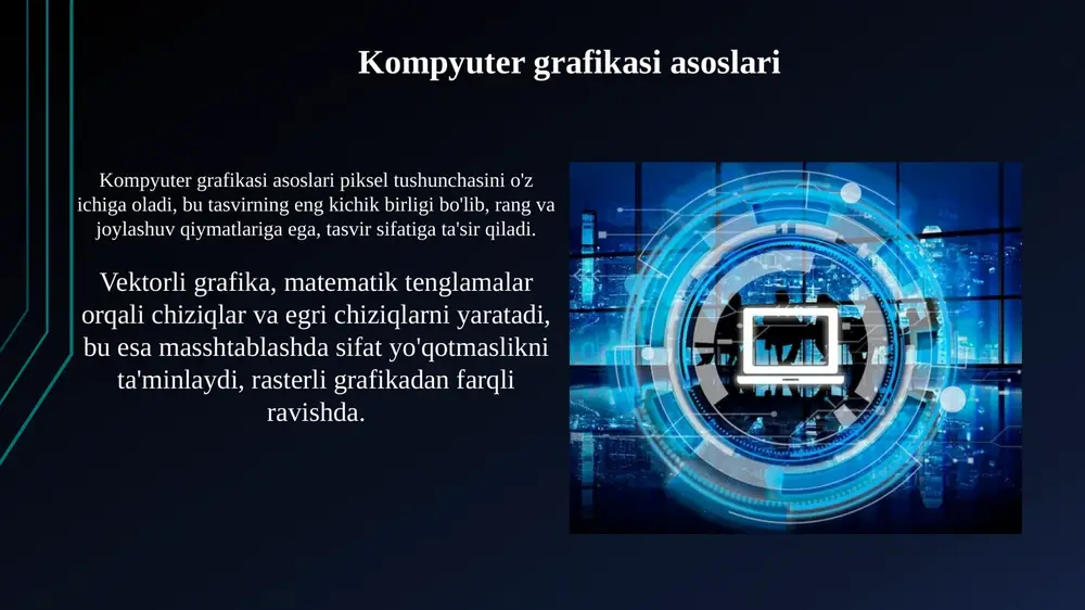 chiziqlar va ko'pburchaklar bilan ifodalasa, raster esa ma'lumotlarni katakchalar to'plami sifatida ifodalaydi. ilmiy vizualizatsiya ilmiy vizualizatsiya ma'lumotlarni vizual formatda tasvirlash orqali tushunishni osonlashtiradi, masalan, 3d modellar va interaktiv grafiklar orqali ma'lumotlar tahlilini tezlashtiradi. ilmiy vizualizatsiya tibbiyotda keng qo'llaniladi, bunda 2d va 3d tasvirlash texnologiyalari orqali organlarning tuzilishi va kasalliklarni aniqlash imkonini beradi, aniq diagnostika qo'llab- quvvatlanadi. dizayn va reklama 'dizayn va reklama' o'zbekistonda 20 yildan ortiq vaqtdan beri mavjud bo'lib, ko'rgazmalar, konferentsiyalar va seminarlar orqali grafik dizayn tendentsiyalarini rivojlantirishga qaratilgan. 'dizayn va reklama' sohasida, 3d- modellashtirish, animatsiya va interaktiv dizayn kabi texnologiyalar marketing kampaniyalarini vizual jihatdan boyitish uchun muhim ahamiyatga ega. kelajak tendensiyalari generativ ai grafikada katta ahamiyatga ega bo'ladi, 3d modellar va vizuallashuvlarni avtomatik ravishda yaratish tezligi 50% ga oshadi. kengaytirilgan reallik (xr) integratsiyasi 2025 yilga kelib, 25 milliard dollarlik bozorni shakllantiradi va interaktiv grafikalar rivojlanishini tezlashtiradi. e'tiboringiz uchun rahmat slide 1 slide 2 slide 3 slide 4 slide …