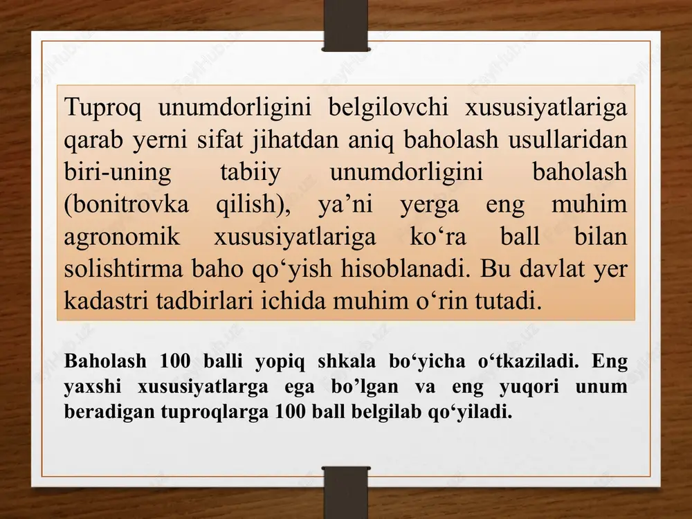 mdorligi qishloq xo'jalik ekinlarining asosiy turlari bo'yicha qishloq xo'jalik ishlab chiqarishining xissoblab chiqilgan foyda olishi dexqon bozorlarida sotiladigan qishloq xo'jiligi maxsulotlarini asosiy turlarini o'rtacha yillik narxlari hamda paxta xom ashyosi va boshoqli don ekinlarining o'rtacha xarid narxlari foydaning kapitallashuvi foizi sug'oriladigan qishloq xo'jalik ekin er maydonlarini normativ qiymatini xisoblashda asosiy qishloq xo'jalik ekinlarini nomativ xosildorligi tuproqlarni o'rtacha bali bilan qishloq xo'jalik ekinlari, bog'lar va tokzorlarni tuproq bonitetining bir bonnitet balga mos normativ xosildorlikni yig'indisi sifatida ushbu nizomni ikkinchi ilovasiga muvofiq xisoblab chiqiladi. xar bir qishloq xo'jaliklari tovar ishlab chiqaruvchilari bo'yicha oldingi yil uchun qishloq xo'jalik ekin maydonlari to'g'risida ma'lumotlar davlat statistika ma'lumotlari asosida aniqlanadi. bir gektar sug'oriladigan xaydov erninig normativ qiymati quyidagi formula bilan aniqlanadi: sn= ( rpr x k1 x k2 x k3)/ p x 100 sn- sug'oriladigan xaydov erninig normativ qiymati, ming so'm/ga; rpr- sug'oriladigan xaydov erdan olinadigan xisoblab chiqilgan foyda, ming so'm/ga; p- xisoblab chiqilgan foydaning kapitallashuvi …