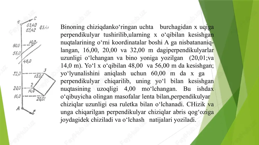 odolitga bussol o‘rnatilib, arrintiri bo‘shatiladi; limb bo‘shatilib, magnitaviy strelka 0° ga kelguncha limb aylantiriladi–da, limb mahkam-lanadi. shunda taxeometr magnitaviy meridian bo‘yicha orientirlangan bo‘ladi. situatsiya va rel nuqtalarni s’yomka qilish. taxeometr orien–tirlangach, stansiya atrofidagi joyning situatsiya va relefining xarak-terli nuqtalari qutbiy usul bilan s’yomka qilinadi. bu nuqtalar reyka yoki piket nuqtalari deyiladi. reyka nuqtalarining stansiyadan uzoqligi s’yomka masshtabiga qarab turlicha masofada olinadi. masalan, masshtab 1:1000 bo‘lganda relef nuqtalarining uzoqligi 150 m gacha, situatsiya nuqtalari uzoqligi 100 m gacha bo‘lishi mumkin. reyka nuqtaning situatsiya yoki relef nuqtasi ekanligiga qarab, s’yomkada quyidagi sanoqlar: relef nuqtasidan: bir stansiyadan ikkinchi stansiyaga vertikal doiraning ikki turi-shida qarab, r va l sanoqlar olinadi, bu sanoqlar orqali vertikal burchak vva nol o‘rni hisoblanadi. reyka nuqtalariga yolg‘iz bir doirada, r yoki l da qaraladi. dalnomer masofani o‘lchashda ko‘ringan yuqori ip 1000 gaqaratilib, quyi ipdai sanoq olinadi; vertikal burchakni o‘lash uchun to‘rning o‘rtaipi asbob balandligiga qaratilib, vertikal doira adilagi mikrometrik …