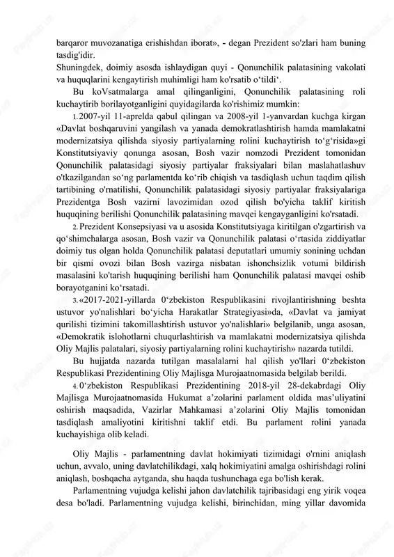 ilik palatasi va senatni tashkil etish tartibi, palatalarning ishini tashkil etish, prezidentning vakolat muddatini belgilab berdi. mazkur qonunga asosan, konstitutsiyaning tegishli bob va moddalariga o‘zgartish va qo‘shimchalar kiritildi. natijada, oliy majlis ikki palatadan: yuqori palata - senatdan va quyi palata - qonunchilik palatasidan iborat qilib belgilandi. qonunchilik palatasi doimiy ishlovchi, professional a’zolardan iborat tuzilma, senat a’zolari senatorlik faoliyatini asosiy ishlash joyidan ajralmagan holda olib borishi belgilandi. konstitutsiyada har ikki palataning mutlaq vakolatlari, birgalikdagi vakolatlari, qonunchilik jarayonining konstitutsiyaviy asoslari belgilab qo'yudi- 2004-yilda «0‘zbekison respublikasi oliy majlisiga saylov to‘g‘risida»gi qonun yangi tahrirda qabul qilindi va unda senatni tashkil qilish bilan bog'liq tartiblar belgilandi. 2002-yil 12-dekabrda «0‘zbekiston respublikasi oliy majlisining qonunchilik palatasi to‘g‘risida»gi va «0‘zbekiston respublikasi oliy majlisining senati to‘g‘risida»gi konstitutsiyaviy qonunlar^ qabul qilindi. 2004-yil dekabr oyida bo‘lib o'tgan saylov natijasida oliy majlisning qonunchilik palatasi va yangidan saylangan mahalliy vakillik organlari deputatlarining qo‘shma majlislarida ko‘rsatilgan nomzodlar asosida oliy majlisning yuqori palatasi shakllantirildi hamda …
