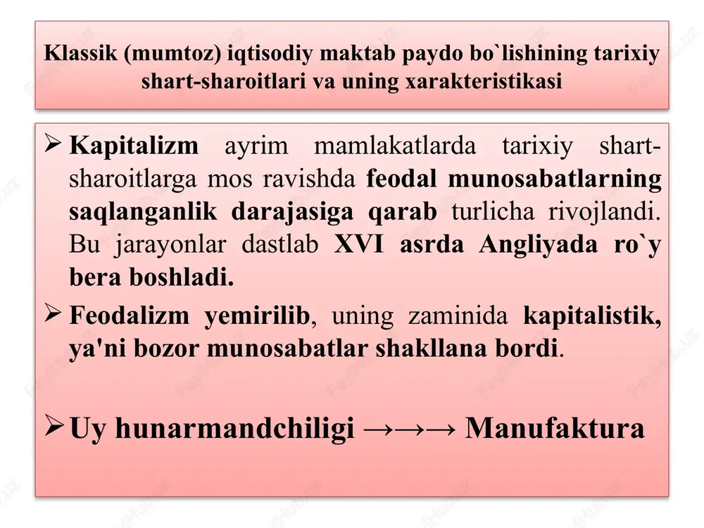 i va uni himoya qildi.  ish haqini cheklash tarafdori sifatida ishchilarga fizik jihatdan minimum haq to`lash va yangi sinfning boyishiga yordam berishni qo`lladi.  mehnatning kapital tomonidan ekspluatatsiyasini yoqlab chiqdi.  angliyaning mustamlakachilik siyosatini qonuniy deb hisobladi.  kapitalga soliq solishga qarshi chiqdi, chunki u ishlab chiqarishni cheklaydi.  mehnatkashlarning daromadlaridan soliq olish tarafdori edi. v.petti - angliya klassik iqtisodiy maktabining asoschisi vilyam petti  1682 yilda yozilgan "pul to`g`risida bir necha og`iz so`z" kitobi 32 ta savol va javob tariqasida angliyada pul chaqasini qaytadan zarb etish masalasiga bag`ishlangan.  pulni umumiy ekvivalent vazifasini bajaruvchi maxsus tovar deb hisoblaydi.  pulning qiymati ham boshqa tovar kabi sarflangan mehnat miqdori bilan aniqlanadi.  almashuv qiymati esa qimmatbaho metallni qazib olishga ketgan mehnat sarflari bilan belgilanadi.  mamlakatdagi pulning miqdori, ya'ni oborotdagi pul v.petti - angliya klassik iqtisodiy maktabining asoschisi vilyam petti  muomaladagi pulning miqdori tovar-to`lov oborotlari yoki oxir-oqibatda realizatsiya …