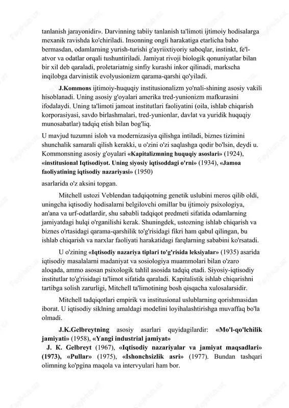 ot fanida reformistik yo'lni oqlaydilar va bu oqim olimlari burjua jamiyatini mutlaq maqtashdan chetlangandirlar. ijtimoiy-psixologik institusionalizmning asoschisi torsteyn veblen va uning tarafdorlari iqtisodiy jarayonlarga psixologik jihatdan yondashib, iqtisodiy rivojlanishning psixologik nazariyasini yaratishga intildilar. veblenning asosiy asarlari «bekorchi sinflar nazariyasi» (1899), «mohirlik instinkti» (1914), «fanning hozirgi sivilizasiyadagi o'rni va boshqa ocherklar» (1919), «muhandislar va baho tizimi» (1921) va «zamonaviy o'zgaruvchi tizimlar to'g'risidagi ocherklar» (1934) kitoblarida jamlangan. u keng sosiologik tadqiqotlar olib borish asosida unga zamondosh bo'lgan jamiyatni juda qattiq tanqid ostiga oldi. kapitalizm illatlari mavjud xususiy mulk bilan tushuntiriladi (sosialistik yo'nalishni eslang). xususiy mulkning tanqid qilinishi albatta burjuaziya mafkurachilarini ham tashvishga soldi. uningcha, xususiy mulk, ayniqsa rante (absenteistik mulk) borligi tufayli aholining ma'lum bir qismi parazitik hayot kechiradi. shu tufayli kapitalizmning harakatlantiruvchi kuchi buzilib boradi, ayniydi. veblen marksist bo'lmagan, ammo kapitalizm tuzumining yaramasligini tan olgan, u hatto birinchi paytlarda 1917 yildagi oktyabr inqilobini qutlagan, uni mavjud tuzumni o'zgartirish kerak, degan fikrning …