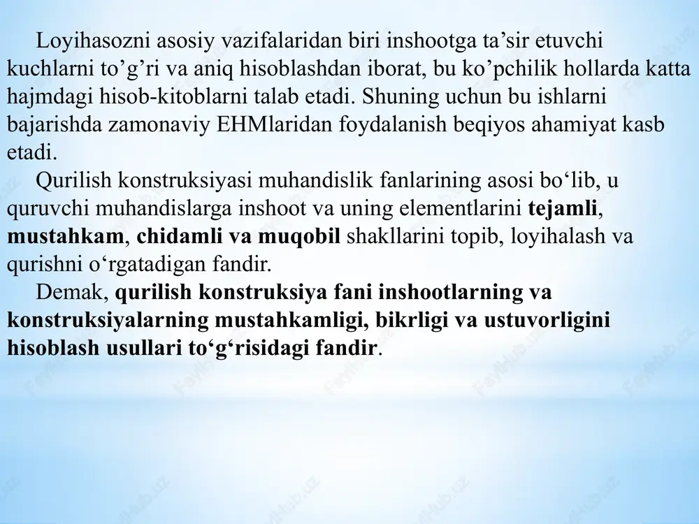 lari bilan, ko‘ndalang kesimlar yuza va inersiya momentlarini yoki bikrliklarining son qiymatlari bilan almashtiriladi. inshootlarning hisoblash sxemasi deb uning haqiqiy holatining soddalashtirilgan tasviriga aytiladi inshootlar hisoblash sxemasi. balka hisoblash tarhi haqiqiy ko'rinish balka inshoot (konstruksiya) hisoblash sxemasining shakllanishi inshootlar hisoblash sxemasi haqida tushuncha. inshootlar hisoblash tarhlarining turlari balkalar ramalar arkalar fermalar kombinatsiyalashgan sistemalar inshootlar hisoblash tarhlarining turlari bularga, imorat qavatlari orasini yopuvchi plitalar, betondan quyilgan yo’l plitalari va hokazolar misol bo’ladi. plastina yoki plita bunga, turli me’morchilik gumbazlari, tomyopmalar, samolyot fyuzelyajlari va hokazolar misol bo’la oladi. qobiq inshootlar hisoblash tarhlarining turlari 15 d) massiv inshootlar imorat poydevorlari, ko’prik tayanchlari va hokazolar kiradi. inshootlar hisoblash tarhlarining turlari ii. inshoot elementlarining o‘zaro bog‘lanishiga ko‘ra quyidagicha bo‘ladi: a) sharnirli bog‘lanishli inshootlar. d) kombinatsiyali bog‘lanishli inshootlar b) bikr bog‘lanishli inshootlar fermalar ramalar kombinatsiyalashgan sistemalar inshootning hisoblash tarhini tanlash murakkab va muhim masala hisoblanadi. inshoot hisobining aniqlik darajasi va sifati hisoblash tarhining to‘g‘ri tanlanishiga katta …