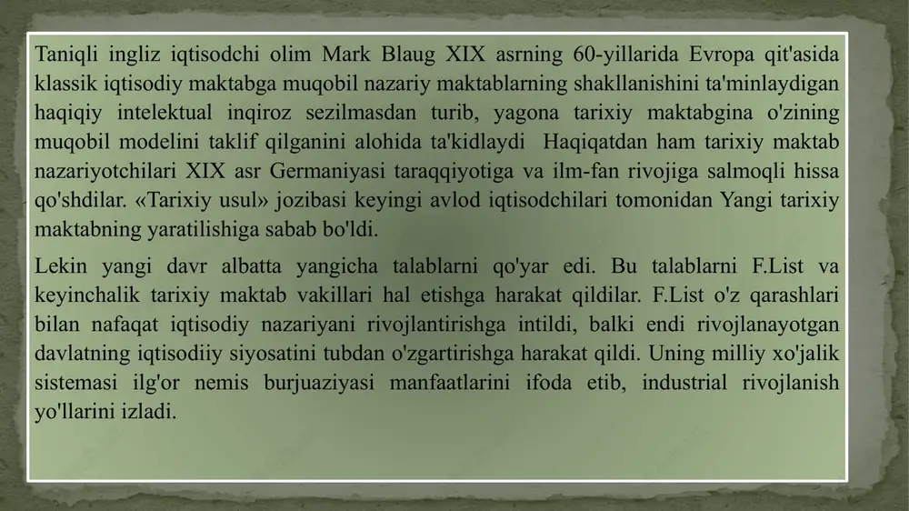 maktabning etakchi olimlari, gustav shmoller (1838-1917) bo'lsa, lun brentano (1844-1931), verner zombart (1863-1941), maks veber (1864-1921) o'zlarining ijtimoiy yo'nalishlari bilan «yangi tarixiy maktab» ning ilmiy ishlarini davom ettirdilar edilar. g.shmoller berlin universiteti professori gustav shmoller o'zining «xalq xo'jaligi to'g'risidagi umumiy ma'lumot asoslari» (1900- 1904) nomli asosiy iqtisodiy asarida tarixiy maktabning asosiy vakillari v.rosher va b.gildebrandning asosiy qoidalari va usullarini yanada rivojlantirdi. bu iqtisodiy amaliyotdan uch xil faoliyat turini: xususiy xo'jalik, davlat xo'jaligi va diniy xo'jalikni alohida ajratib ko'rsatadi. birinchisida xususiy manfaat, ikkinchisida jamiyat, ijtimoiy manfaat va uchinchisida xayr-ehson asosiy deb hisoblagan. g. shmoller belgilanadi. umuman, g.shmollerning qarashlariga davlatning belgilovchilik, etakchilik rolini ko'rsatish xosdir. g.shmoller marksizmga qarshi kurashib, ijtimoiy va sinfiy muammolarni siyosiy iqtisoddan chiqarib tashlab, uni xalq xo'jaligi tarixi faniga aylantirishga urindi. u faktlarni va statistika manbalarini o'rganish, xalq xo'jaligidagi hodisalarni bayon etib berishni siyosiy iqtisodning bosh vazifasi deb hisoblaydi. g.shmoller umuman xalq xo'jaligi o'zgarishsiz qolaveradi. degan fikrga asoslanib, uning …