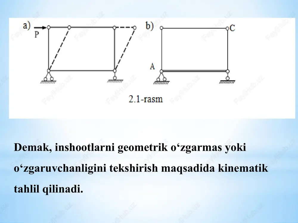 otlar fermalar ramalar kombinatsiyalas hgan sistemalar . inshootlarning erkinlik darajasi va ularning statik tahlili. 1. agarda w > 0 bo‘lsa, sistema geometrik o‘zgaruvchan bo‘lib, etarli bog‘lanishlarga ega emas. bunday sistemalar mexanizm deyiladi. 2. agarda w = 0 bo‘lsa, sistema etarli (minimum) bog‘lanishlarga ega bo‘lib, geometrik o‘zgarmas bo‘lishi mumkin. 3. agarda w 0 yoki u > 0 bo‘lsa, sistema geometrik o‘zgaruvchan bo‘lib, yetarli bog‘lanishlarga ega emas. bunday sistemalar mexanizm deyiladi : 2.agarda w = 0, u = 0 bo‘lsa, sistema yetarli (minimum) bog‘lanishlarga ega bo‘lib, geometrik o‘zgarmas bo‘lishi mumkin 3.agarda w < 0, u < 0 bo‘lsa, sistema ortiqcha bog‘lanishlarga ega bo‘ladi. ortiqcha bog‘lanishlar soni quyidagicha aniqlanadi: sa = – w = ct + 2sh – 3d, bunda sa – ortiqcha bog‘lanishlar soni bo‘lib, sistemaning statik aniqmaslik darajasini ifodalaydi. w = 0 yoki u =0 shartlarga analitik shart deyilib, inshootlarni geometrik o‘zgarmas va qo‘zg‘almas bo‘lishi uchun ular zaruriy shart bo‘lib, yetarli …