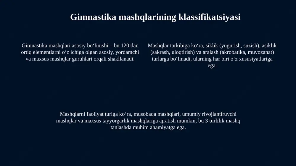 ik gimnastikada texnik tayyorgarlik 5-darajali qiyinlikdagi elementlarni bajarish uchun poydevor yaratadi, bunda sportchining harakat tezligi, aniqligi va koordinatsiyasi muhim ahamiyatga ega. gimnastikada texnik tayyorgarlik asosiy harakat elementlarini o'rganishni o'z ichiga oladi, masalan, sakrashlar, aylanmalar va muvozanat saqlash texnikasi, ularni mukammallashtirishga qaratiladi. texnik tayyorgarlikda 180 graduslik burilishlar, qo'llarni to'g'ri joylashtirish va tana holatini nazorat qilish kabi detallarga e'tibor qaratiladi, bu esa harakatning samaradorligini oshiradi. gimnastikada jismoniy tayyorgarlik gimnastikada jismoniy tayyorgarlikning asosiy maqsadi harakat sifatini oshirish, bunda muvozanatni saqlash, sakrash balandligini va egiluvchanlik darajasini orttirish muhimdir. umumiy jismoniy tayyorgarlik (ujtt) gimnastikachining barcha asosiy jismoniy fazilatlari, masalan, kuch, chidamlilik va tezlikni rivojlantirishga qaratilgan mashqlar kompleksini o'z ichiga oladi. maxsus jismoniy tayyorgarlik (mjtt) gimnastika elementlarini bajarish uchun zarur bo'lgan aniq mushak guruhlarini mustahkamlashga qaratilgan, bu 70-80% mashqlarni tashkil qiladi. gimnastikada psixologik tayyorgarlik gimnastikachilarni musobaqalarga tayyorlashda psixologik treningning ahamiyati 70% gacha yetishi mumkin, bu ularning ijro sifatiga ta'sir etadi. musobaqalar oldidan psixologik tayyorgarlikda 3-5 kun …