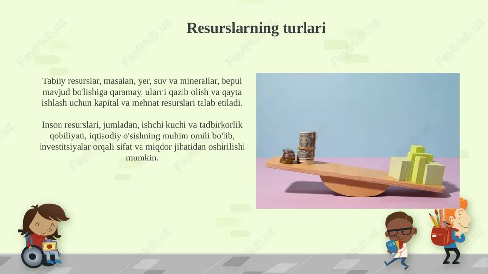 qayta taqsimlaydi, ijtimoiy dasturlarni moliyalashtiradi va infratuzilmani rivojlantiradi, bu esa iqtisodiy tenglikni oshiradi va barqaror o'sishga yordam beradi. davlat iqtisodiy tanlovga ta'sir o'tkazish uchun qonunlar, standartlar va qoidalarni o'rnatadi, masalan, atrof-muhitni muhofaza qilish standartlari 10% ga oshirilishi mumkin. xulosa xulosa shuni ko'rsatadiki, 10 trillion so'mlik resurslarni taqsimlashda, alternativalar ichidan eng samarali ishlab chiqarish usulini tanlash muhim ahamiyatga ega. iqtisodiy tanlovlar cheklangan 5 milliard dollarlik resurslar bilan amalga oshirilganda, har bir qaror muqobil xarajatlarni va imkoniyatlarni yo'qotishni anglatadi. e'tiboringiz uchun rahmat slide 1 slide 2 slide 3 slide 4 slide 5 slide 6 slide 7 slide 8 slide 9 slide 10 slide 11 slide 12 slide 13 slide 14 slide 15 slide 16 slide 17 slide 18 slide 19 slide 20