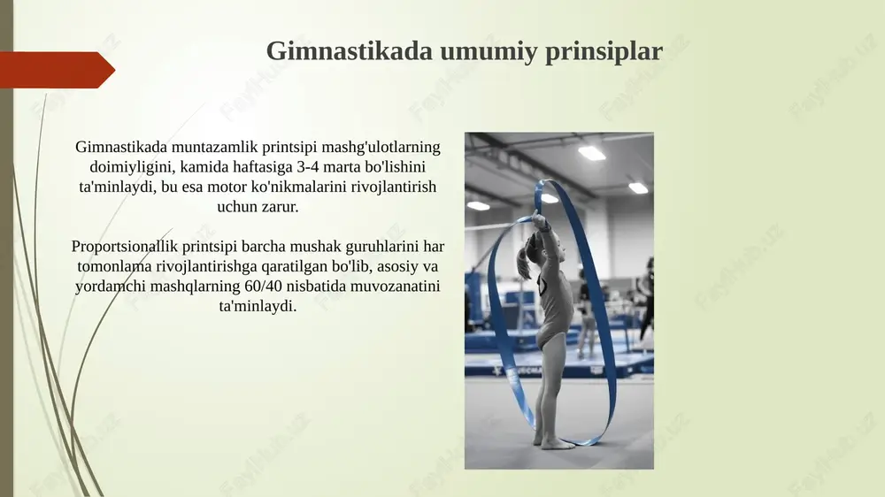 i. dala va uskunalar gimnastika zallarida xavfsizlikni ta'minlash uchun kamida 10 metrlik balandlikdagi shift va 2 metrlik xavfsizlik zonasiga ega bo'lishi shart. turniklar, bruslar va halqalar kabi uskunalar yuk ko'tarish qobiliyatiga ega bo'lishi va har bir mashqdan oldin 3 marta tekshirilishi lozim. xulosa xulosa shuni ko'rsatadiki, gimnastika mashqlari koordinatsiya, muvozanat va moslashuvchanlikni rivojlantirishda 90 foizgacha samaradorlikni namoyon etadi, bu sportchining umumiy tayyorgarligini oshiradi. tadqiqot natijalari gimnastika tamoyillari, xususan, yuklamalarning progressivligi (10-15% ga asta-sekin oshirish) va individual yondashuv (dasturni sportchining qobiliyatiga moslashtirish) muhimligini tasdiqlaydi. e'tiboringiz uchun rahmat slide 1 slide 2 slide 3 slide 4 slide 5 slide 6 slide 7 slide 8 slide 9 slide 10 slide 11 slide 12 slide 13 slide 14 slide 15 slide 16 slide 17 slide 18 slide 19 slide 20