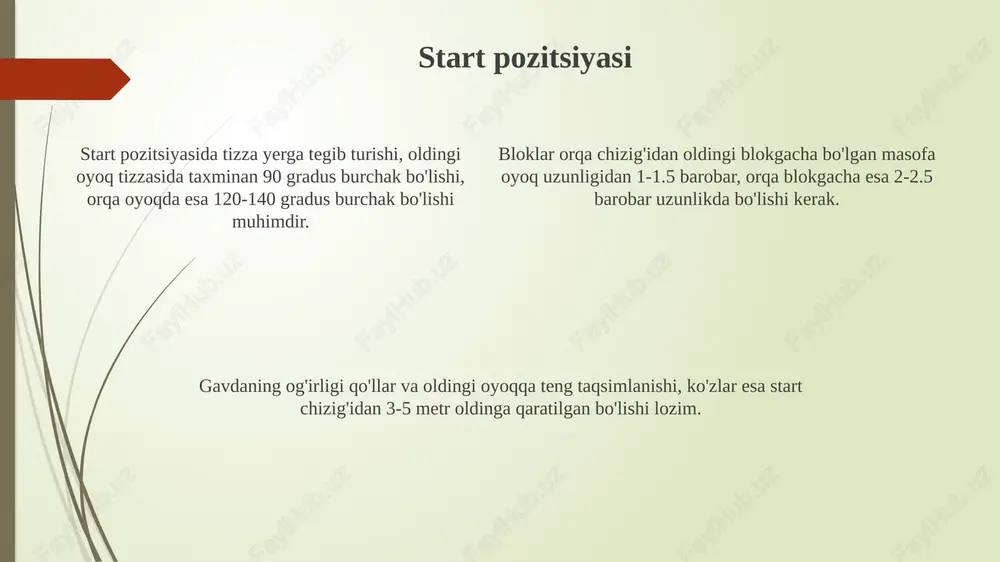 saqlab qolish uchun taxminan 10 metrga yugurishni davom ettirishi kerak, bu bosqichda hech qanday sekinlashmaslik uchun harakat qilish juda muhim. ko'krak qafasini chiziqdan o'tkazishning eng samarali usuli - bu oldinga engashish, lekin qo'llarni orqaga tashlamaslik kerak, aks holda tezlik yo'qolishi mumkin. mashqlar va mashg'ulotlar 100 metrga yugurishda start mashqlari tezkor kuchni oshirish uchun 3-5 takrorlash bilan 80- 90% intensivlikda bajarilishi, qisqa dam olish oralig'i bilan tavsiya etiladi. tezlik mashqlari, masalan, 30-60 metrlik sprintlar, to'g'ri texnikaga e'tibor qaratgan holda haftada 2-3 marta o'tkaziladi, bunda har bir yugurish orasida to'liq tiklanishga erishish muhim. chidamlilikni oshirish uchun mo'ljallangan mashg'ulotlar, masalan, 200-400 metrlik yugurishlar, laktat hosil bo'lishini kamaytirish va tezlikni ushlab turish qobiliyatini yaxshilashga qaratiladi. e'tiboringiz uchun rahmat slide 1 slide 2 slide 3 slide 4 slide 5 slide 6 slide 7 slide 8 slide 9 slide 10 slide 11 slide 12 slide 13 slide 14 slide 15