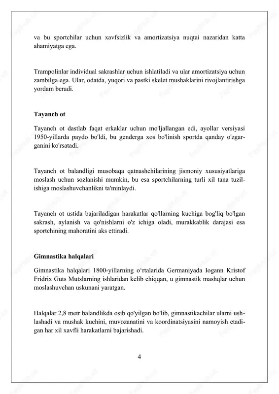yoʻnalishlarni oʻz ichiga oladi, masalan, erkaklar uchun 6 ta apparat va ayollar uchun 4 ta apparat boʻyicha musobaqalar oʻtkaziladi. sport gimnastikasi sport gimnastikasi 19-asrda germaniyada asos solingan, dastlab erkaklar uchun mo'ljallangan mashqlar majmuasi sifatida paydo bo'lgan bo'lib, kuch va 7 epchillikni rivojlantirishga qaratilgan edi. sport gimnastikasi bo'yicha musobaqalar olimpiya o'yinlari dasturiga 1896- yilda kiritilgan, dastlab faqat erkaklar ishtirok etgan, ayollar esa 1928-yildan boshlab qatnasha boshlagan. sport gimnastikasida 6 ta tur erkaklar uchun (pol, ot, halqalar, tayanch sakrashi, parallel brus, turnik) va 4 ta ayollar uchun (tayanch sakrashi, notekis bruslar, to'sin, pol mashqlari) mavjud. badiiy gimnastika badiiy gimnastika 20-asrning boshlarida paydo bo'lgan, o'sha paytda bu raqs el- ementlari va badiiy harakatlar bilan uyg'unlashgan gimnastika mashqlarining bir turi edi. badiiy gimnastika bo'yicha musobaqalar 1984-yildan beri olimpiya o'yinlari dasturiga kiritilgan, bunda yakka tartibdagi va guruh mashqlari bo'yicha medal- lar uchun kurash olib boriladi. badiiy gimnastikada gimnastikachilar lenta, halqa, to'p, tayoqcha va arqon kabi …
