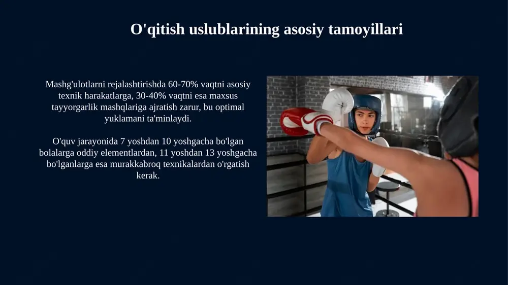 qlash, sababini izlash, tuzatish mashqlari va takroriy baholash orqali 80% gacha xatolarni bartaraf etish mumkin. progressni baholash va monitoring qilish progressiv baholash sportchining texnik mahoratini 3 bosqichda (boshlang'ich, o'rta, yuqori) kuzatishni o'z ichiga oladi, har bir bosqich uchun mezonlar aniq belgilangan. monitoring mashg'ulotlar davomida texnikani takomillashtirish uchun 5 daqiqalik tezkor video tahlil seanslarini o'tkazishni nazarda tutadi, bu darhol fikr-mulohaza beradi. xulosa xulosa shuni ko'rsatadiki, muvaffaqiyatli o'qitish 70% texnika, 20% jismoniy tayyorgarlik va 10% psixologik mustahkamlikni uyg'unlashtirishi kerak, natijalarni optimallashtirish uchun. tahlil shuni ko'rsatadiki, interaktiv usullar (masalan, rolli o'yinlar) 40%ga ko'proq texnikani o'zlashtirishga olib keladi, an'anaviy usullarga nisbatan sportchilarning o'zaro aloqasi orqali. e'tiboringiz uchun rahmat slide 1 slide 2 slide 3 slide 4 slide 5 slide 6 slide 7 slide 8 slide 9 slide 10 slide 11 slide 12 slide 13 slide 14 slide 15 slide 16 slide 17 slide 18 slide 19 slide 20