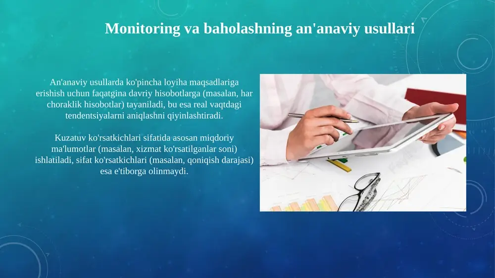 ribalar ko'pincha 80/20 qoidasiga muvofiq keladi, ya'ni 20% harakat 80% natijani beradi. bu tajribalarni aniqlab, loyihaning 2- bosqichida qo'llash kerak. xulosa va tavsiyalar xulosalarda monitoring davomida aniqlangan asosiy tendensiyalar, masalan, ko'rsatkichlar bo'yicha 85% muvaffaqiyat darajasi yoki 20% xarajat oshishi ta'kidlanishi kerak. tavsiyalarda kelgusidagi loyihalarni yaxshilash uchun aniq, amaliy qadamlar ko'rsatilishi lozim, shu jumladan, xodimlarni 3 kunlik yangi treningdan o'tkazish zarurligi. e'tiboringiz uchun rahmat slide 1 slide 2 slide 3 slide 4 slide 5 slide 6 slide 7 slide 8 slide 9 slide 10 slide 11 slide 12 slide 13 slide 14 slide 15 slide 16 slide 17 slide 18 slide 19