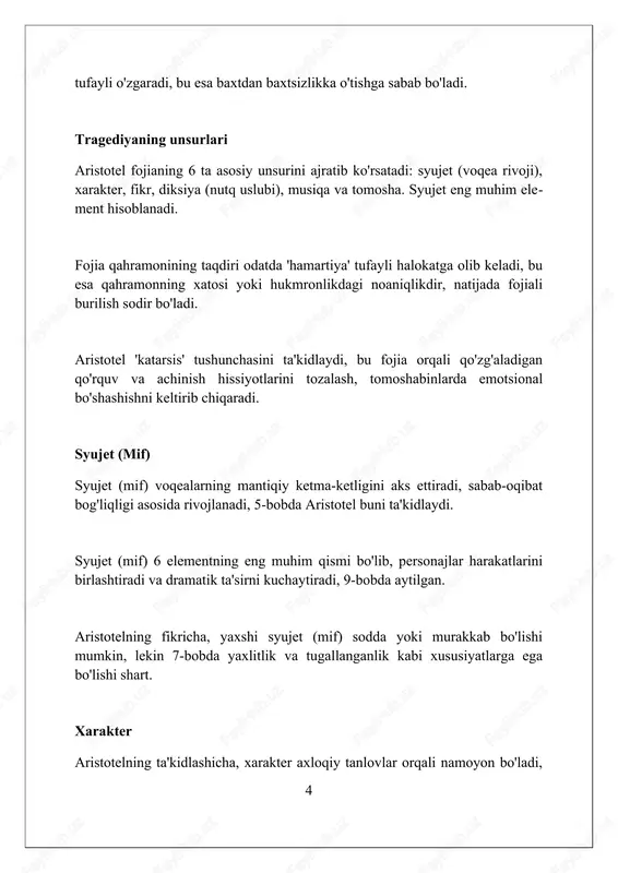 amunalari mavjud bo'lib, bu uning ushbu janrga qo'shgan 1480-1490-yillarda yozilgan muhim hissasi sifatida e'tirof etiladi. epik poeziya 7 epik she'riyat voqealarni hikoya qiladi, ko'pincha qahramonlarning 12 ta asosiy sarguzashtlari haqida, ular ulkan miqyosda namoyon bo'ladi. aristotel epik she'riyatning 24 ta kitobdan ortiq bo'lmasligini ta'kidlaydi, chunki haddan tashqari uzunlik diqqatni tarqatadi va yaxlitlikni yo'qotadi. epik she'riyatda murakkab syujetlar muhim, ular peripetiya (burilish nuqtasi) va 3 ta tan olish elementlarini o'z ichiga olishi kerak. bu tomoshabinni jalb qiladi. poetikaning ta'siri aristotelning “poetika” asari 15-16-asrlarda uyg'onish davrida qayta kashf etilib, yevropa adabiyot nazariyasiga katta ta'sir ko'rsatdi, dramatik janrlar shakllanishiga turtki berdi. ushbu asar tragediya va komediya kabi janrlarning asosiy tamoyillarini belgilab berdi, masalan, 'uch birlik qoidasi' dramatik asarlarga strukturaviy cheklovlar qo'ygan muhim tushuncha bo'ldi. “poetika”ning ta'siri nafaqat adabiyot bilan cheklanib qolmay, balki kino va televidenie kabi zamonaviy hikoyachilik shakllarida ham o'z aksini topgan, ko'plab ssenariylarga ta'sir ko'rsatgan. xulosa “xulosa” aristotelning “poetika” asarida tragediyaning …