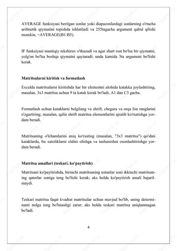 rni ko'paytiradi. bu chiziqli tenglamalar sistemasini yechishning asosiy qismidir. chiziqli tenglamalar sistemasini yechish uchun minverse va mmult funksiyalari birgalikda ishlatiladi. masalan, mmult(minverse(a1:c3), d1:d3) matritsali tenglamani (ax=b) x=a⁻¹b yordamida yechadi. yechimlarni tekshirish yechimlarni tekshirish uchun, tenglamalarga topilgan qiymatlarni qoʻyib, har bir tenglama uchun 0=0 yoki 5=5 kabi natija olishga ishonch hosil qiling. agar 3x + 2y = 7 va x - y = 1 boʻlsa, x=2 va y=1 yechim boʻlsa, tenglamalarga qoʻyib tekshirish orqali rostligini aniqlash mumkin. xatolarni topish uchun, agar yechimni tekshirishda tenglama muvozanatni yoʻqotsa, masalan 2=5 kabi xato natija chiqsa, bu yechim notoʻgʻri ekanligini koʻrsatadi. muammolarni bartaraf etish va maslahatlar goal seek funksiyasi iterativ yechim beradi; aniqlikni oshirish uchun options bo'limida maximum iterationsni 1000 ga va maximum changeni 0.000001 ga sozlang. excel formulalaridagi xatolarni tuzatish uchun trace error vositasidan foydalaning, bu sizga xatolik kelib chiqish manbasini aniqlashga yordam beradi va xato qiymatlari (masalan, #div/0!) oldini oladi. katta matritsalar bilan …
