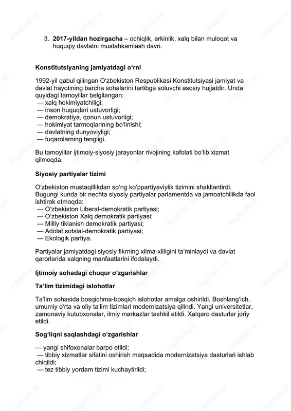 alar parlamentda va jamoatchilikda faol ishtirok etmoqda: — o‘zbekiston liberal-demokratik partiyasi; — o‘zbekiston xalq demokratik partiyasi; — milliy tiklanish demokratik partiyasi; — adolat sotsial-demokratik partiyasi; — ekologik partiya. partiyalar jamiyatdagi siyosiy fikrning xilma-xilligini ta’minlaydi va davlat qarorlarida xalqning manfaatlarini ifodalaydi. ijtimoiy sohadagi chuqur o‘zgarishlar ta’lim tizimidagi islohotlar ta’lim sohasida bosqichma-bosqich islohotlar amalga oshirildi. boshlang‘ich, umumiy o‘rta va oliy ta’lim tizimlari modernizatsiya qilindi. yangi universitetlar, zamonaviy kutubxonalar, ilmiy markazlar tashkil etildi. xalqaro dasturlar joriy etildi. sog‘liqni saqlashdagi o‘zgarishlar — yangi shifoxonalar barpo etildi; — tibbiy xizmatlar sifatini oshirish maqsadida modernizatsiya dasturlari ishlab chiqildi; — tez tibbiy yordam tizimi kuchaytirildi; — onkologiya, kardiologiya, pediatriya va boshqa sohalarda xalqaro hamkorlik rivojlandi. jamiyatdagi ochiqlik siyosati 2016-yildan keyingi davrda o‘zbekistonda ochiqlik siyosati davlat boshqaruvining asosiy tamoyiliga aylandi. bu jarayon quyidagilarda yaqqol namoyon bo‘ldi: — davlat idoralari faoliyatining oshkoraligi oshdi; — xalq bilan doimiy muloqot yo‘lga qo‘yildi; — tadbirkorlar, yoshlar, olimlar bilan ochiq uchrashuvlar tashkil etildi; …